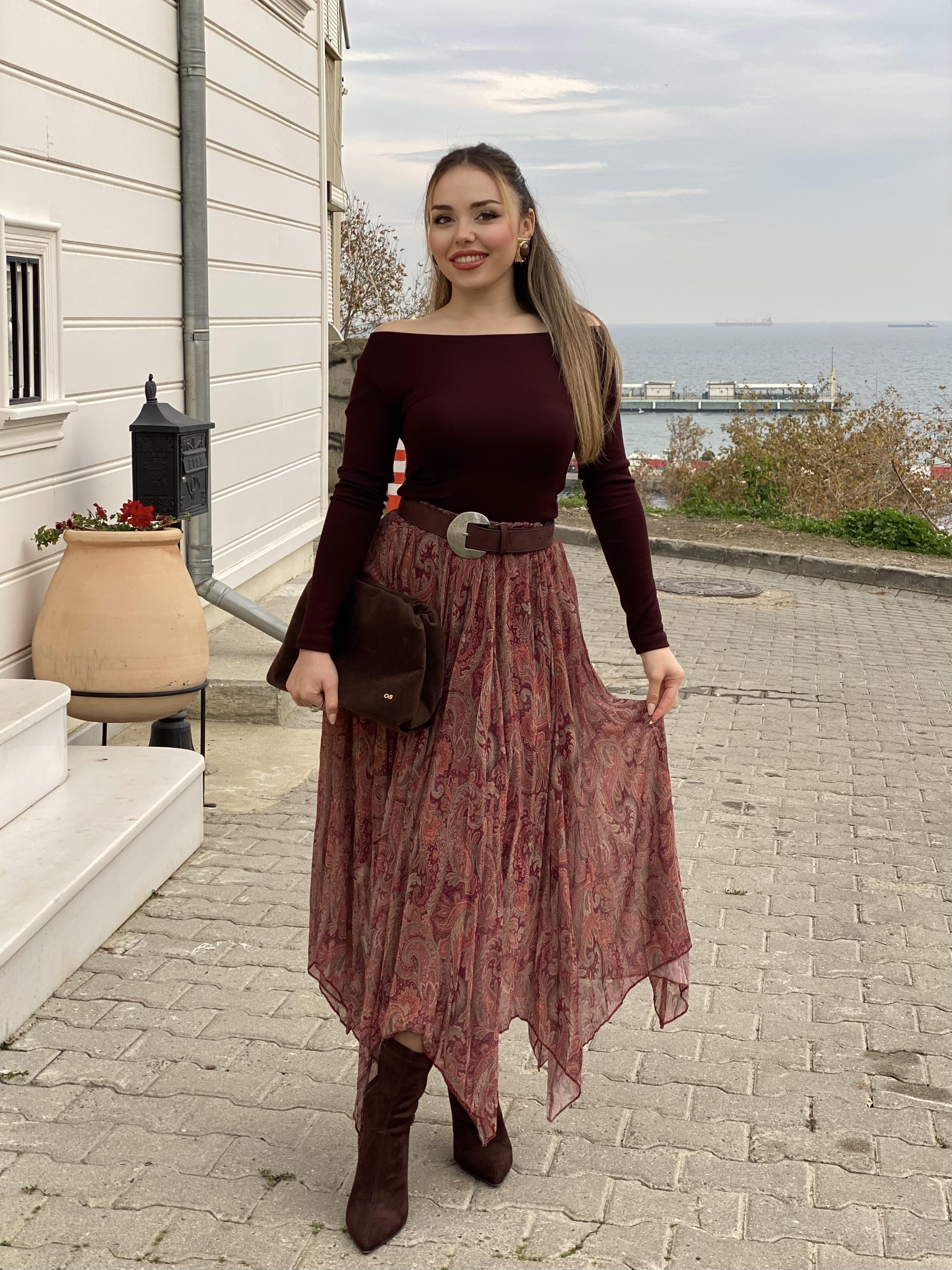 Şal Desenli Asimetrik Kesim Etek