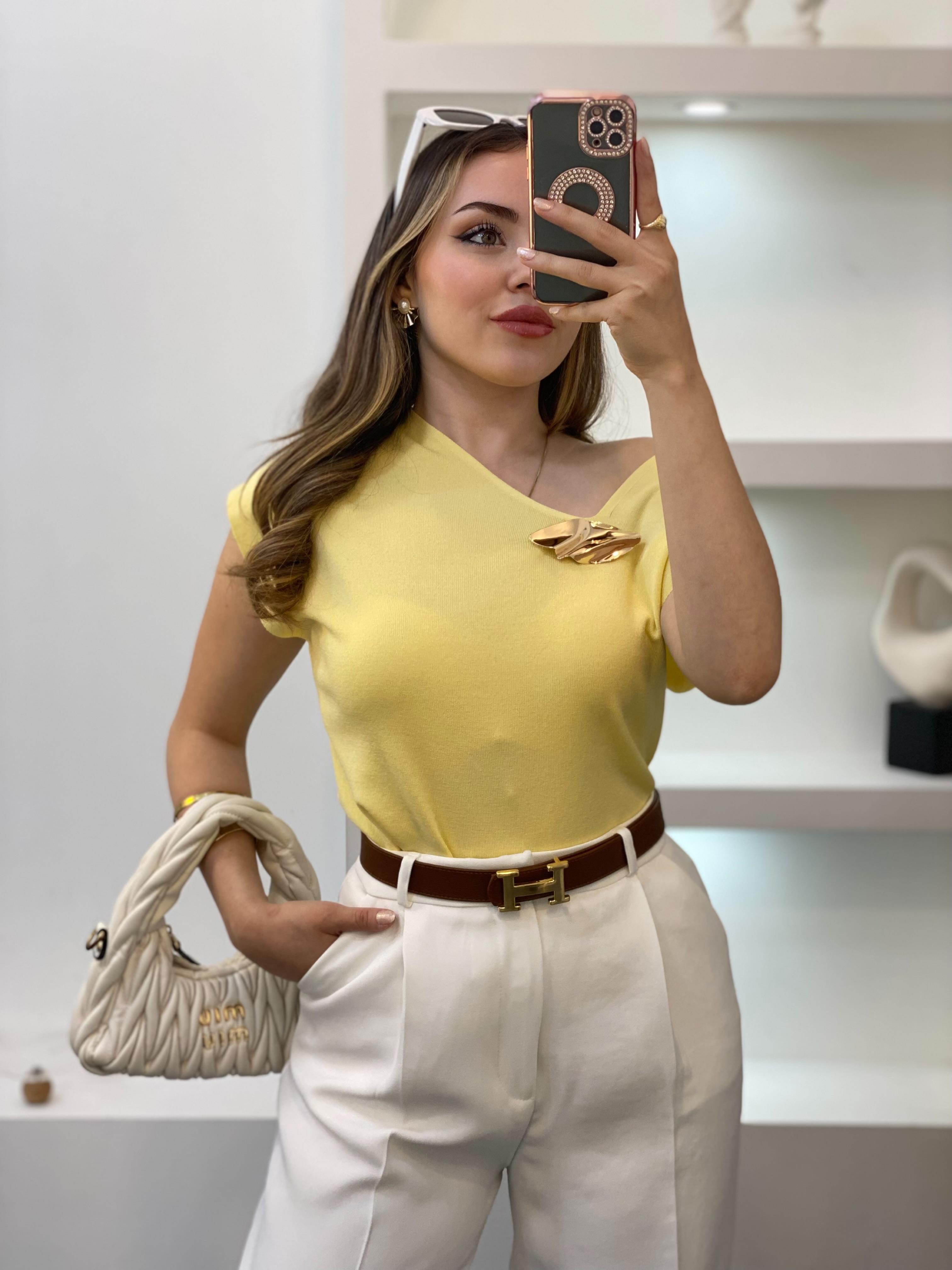 Sarı Gold Toka Detaylı Triko Bluz