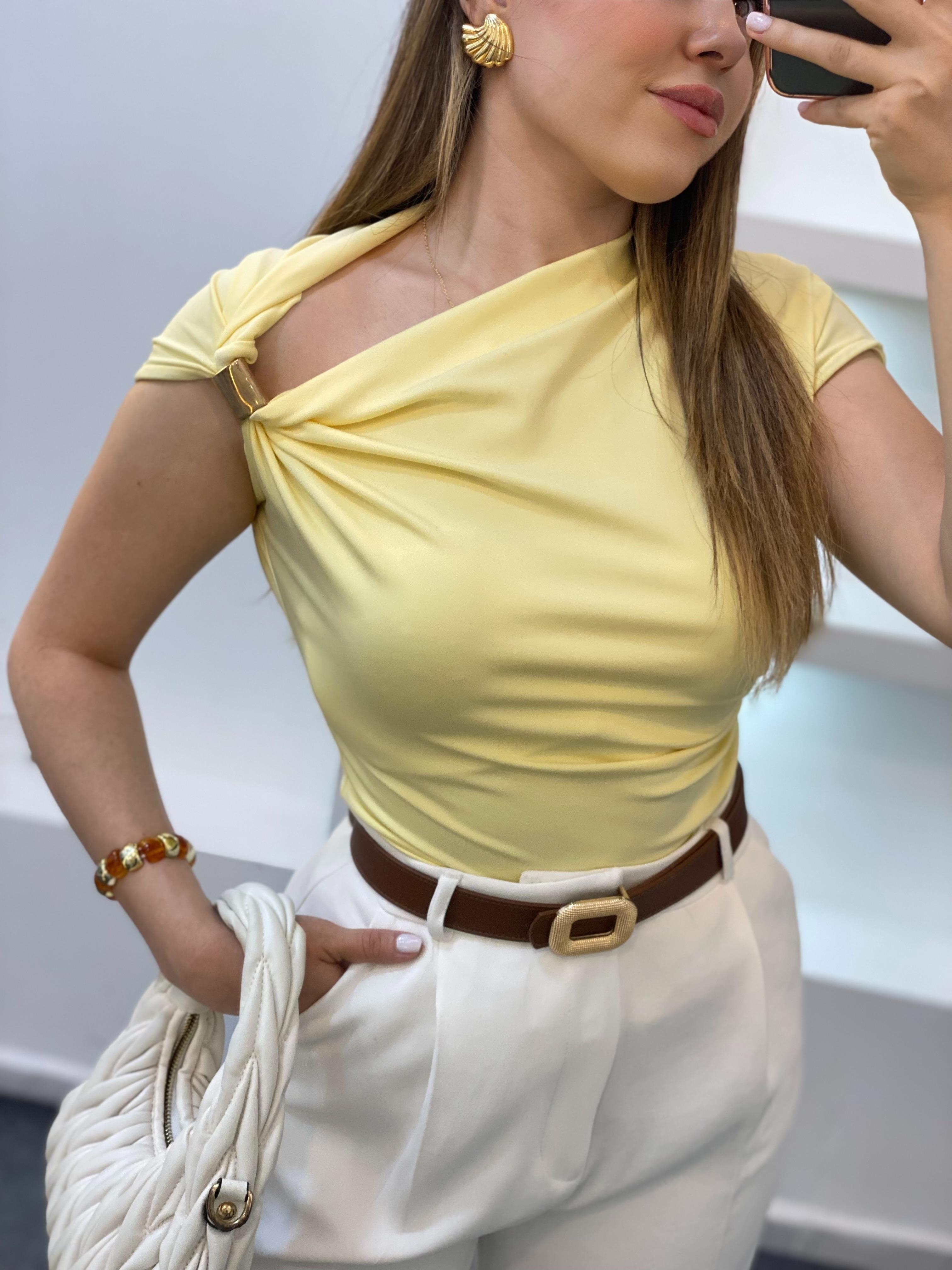 Sarı Omuz Gold Tokalı Bluz