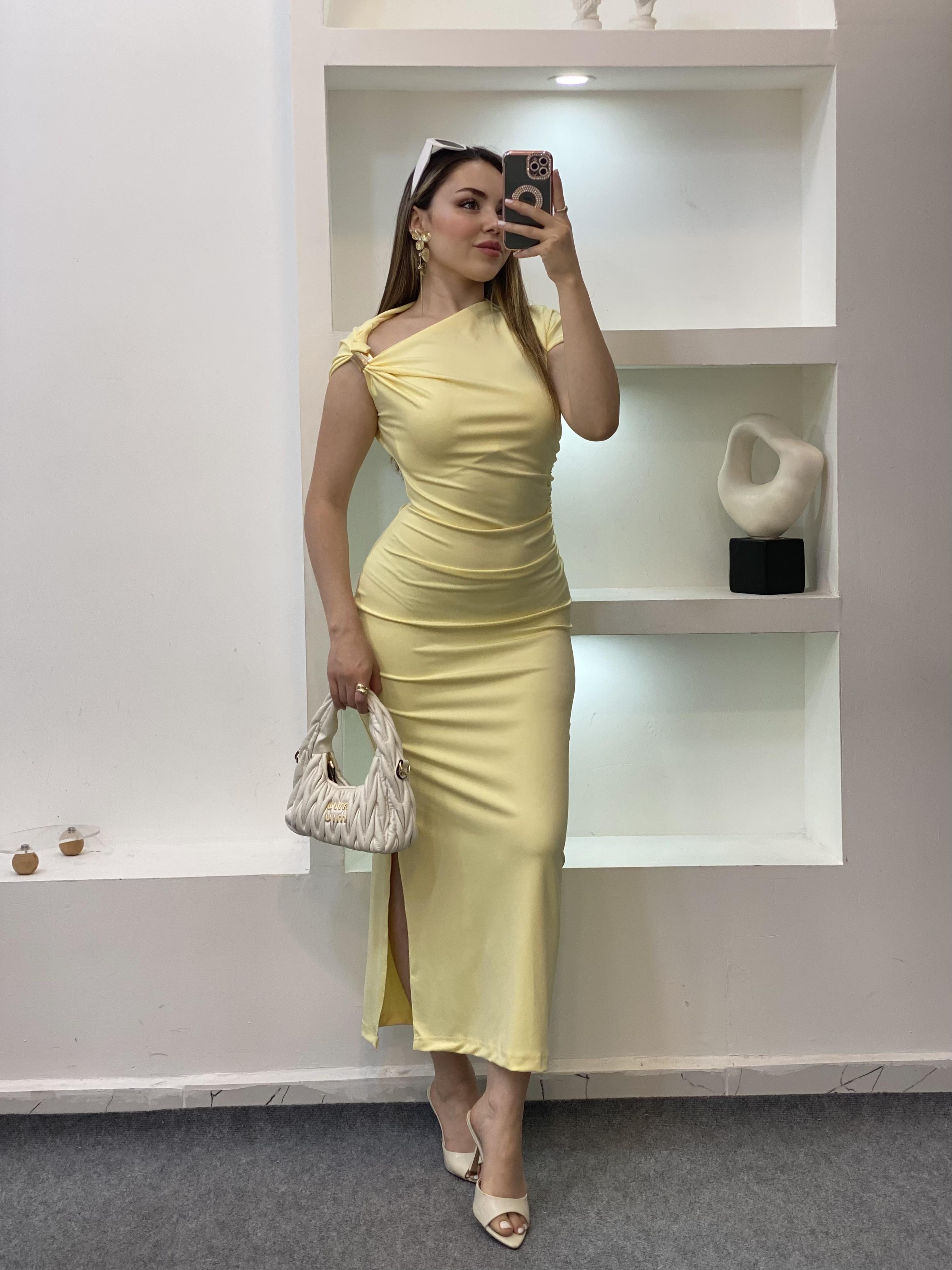 Sarı Omuz Gold Tokalı Elbise