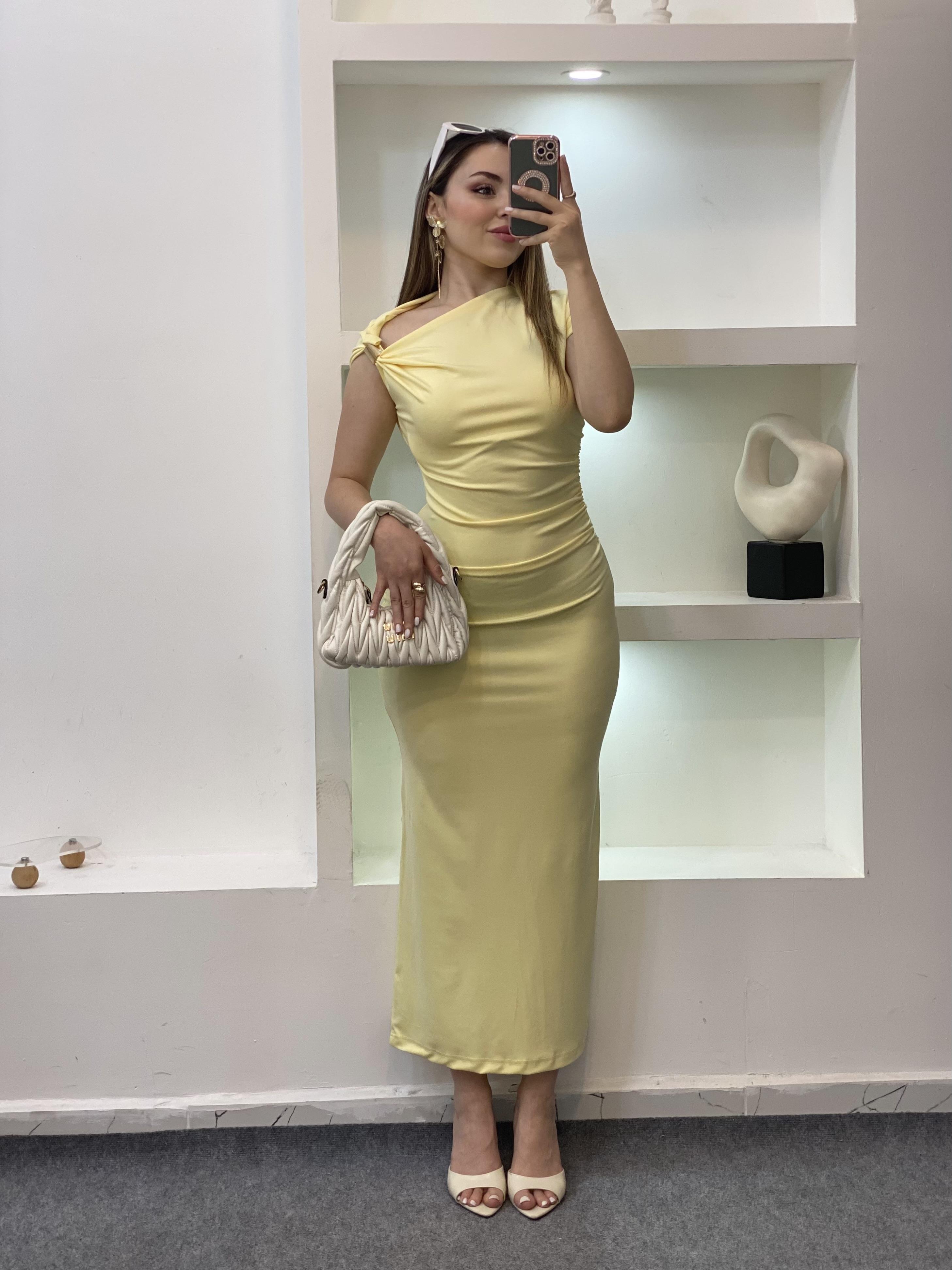 Sarı Omuz Gold Tokalı Elbise