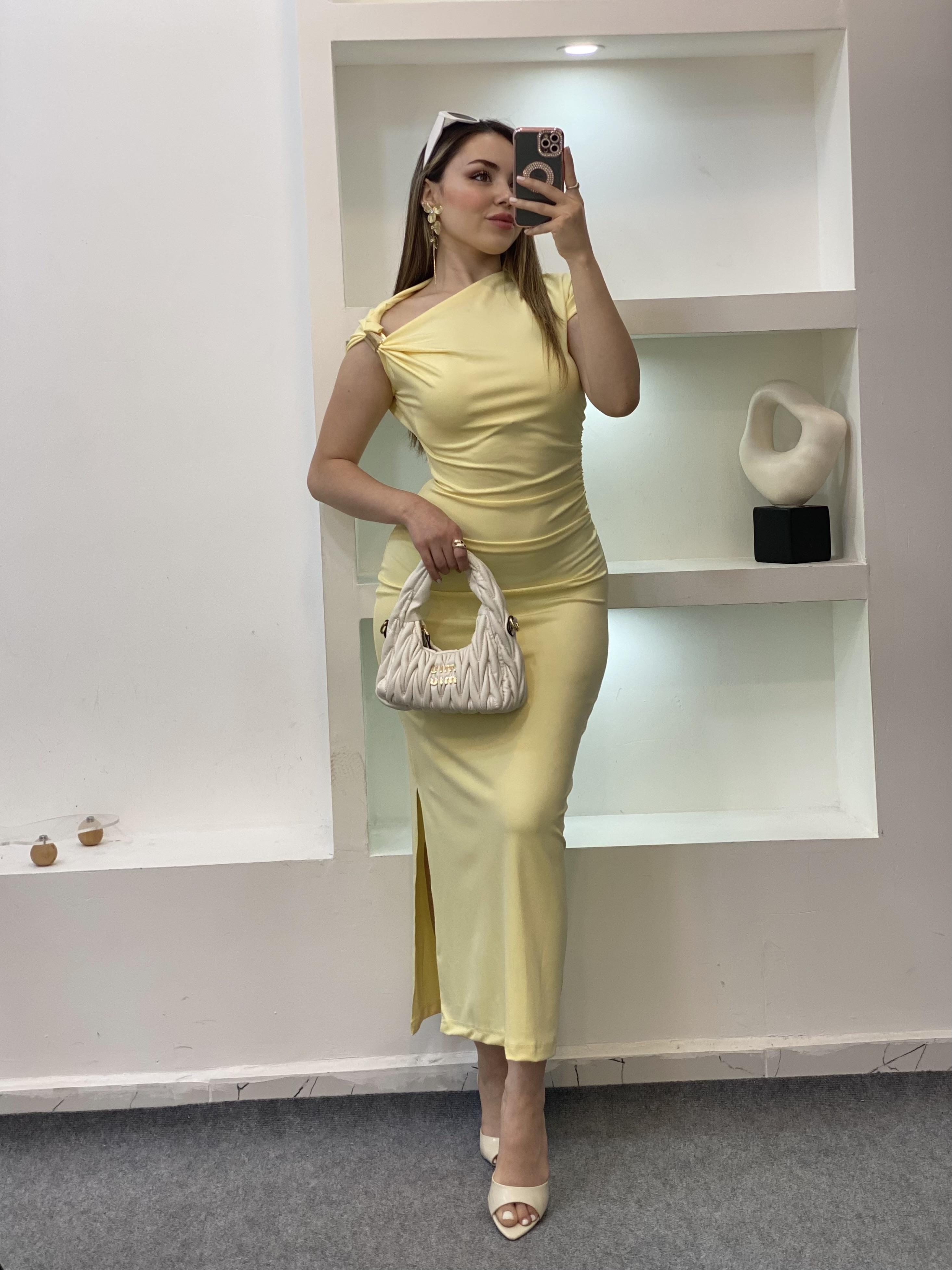 Sarı Omuz Gold Tokalı Elbise