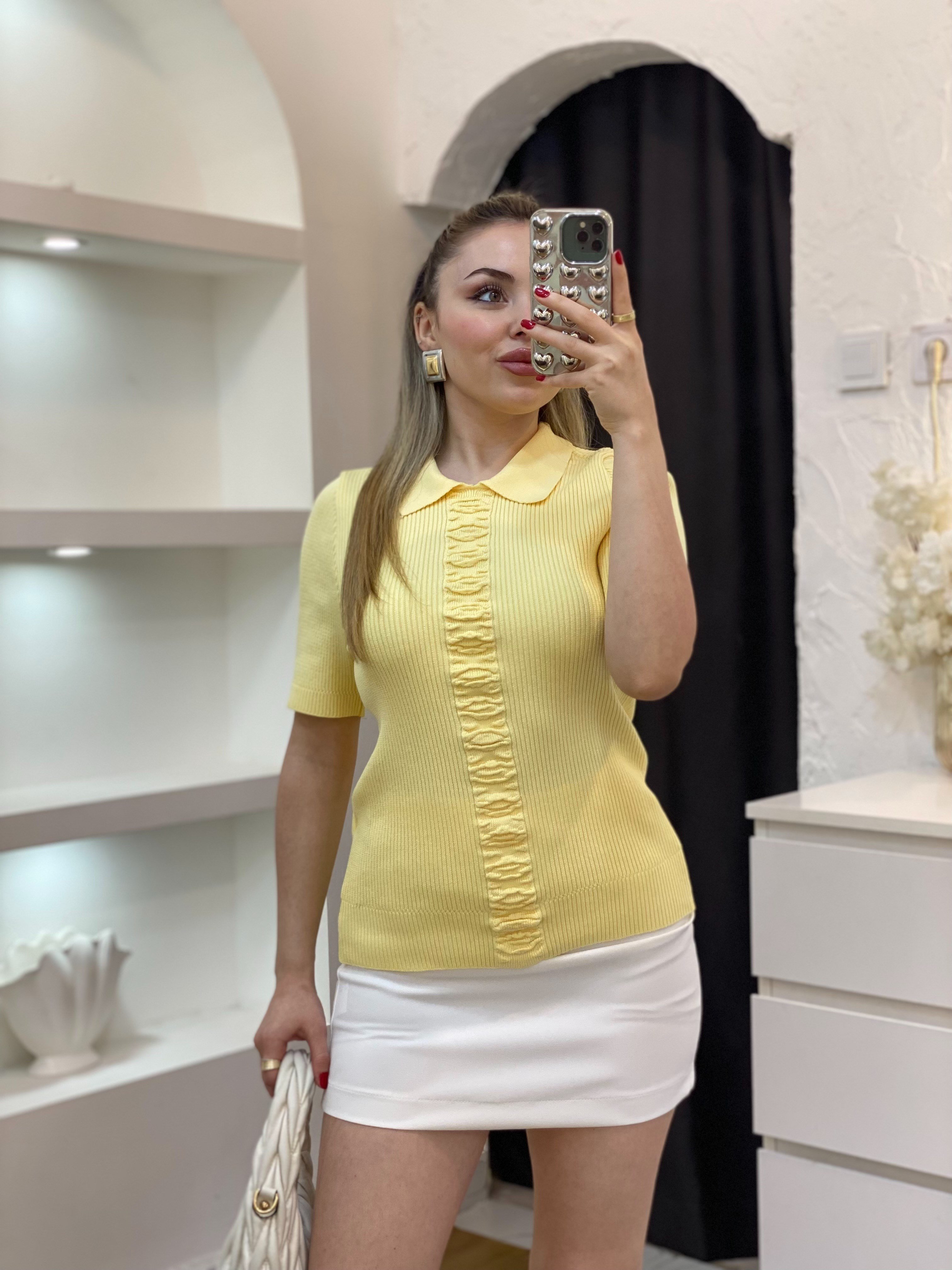 Sarı Önü Desenli Elit Triko Bluz