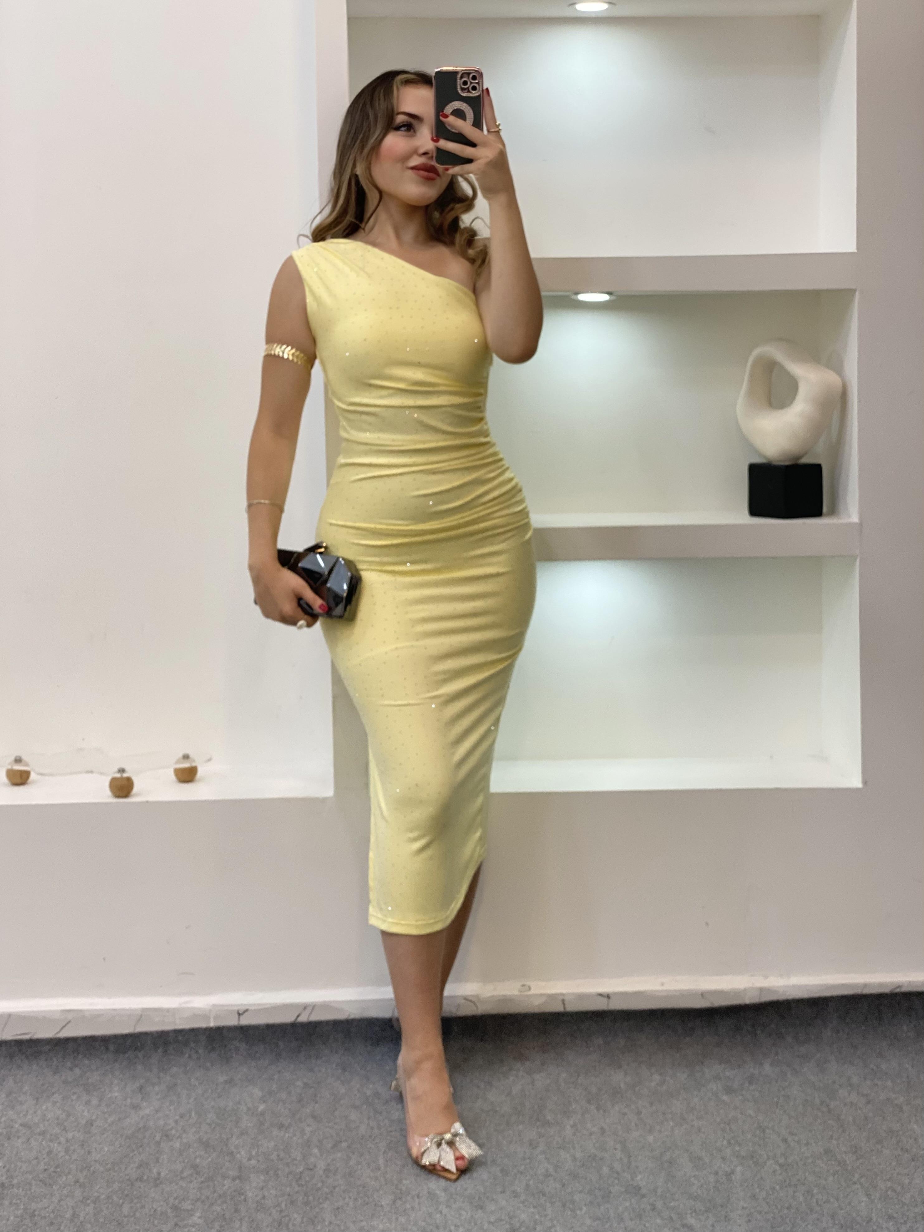 Sarı Parıltılı Taşlı Elbise