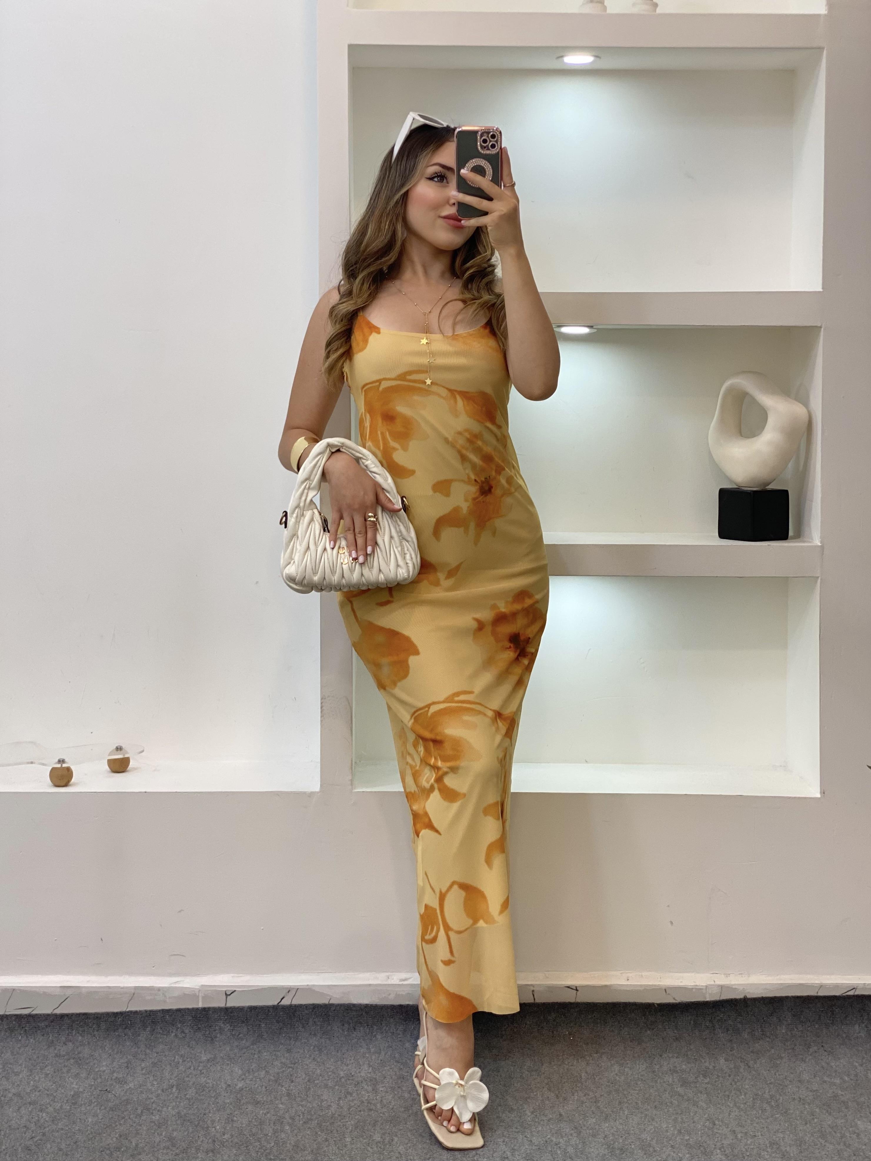 Sarı Q Marka Çiçek Desenli Elbise