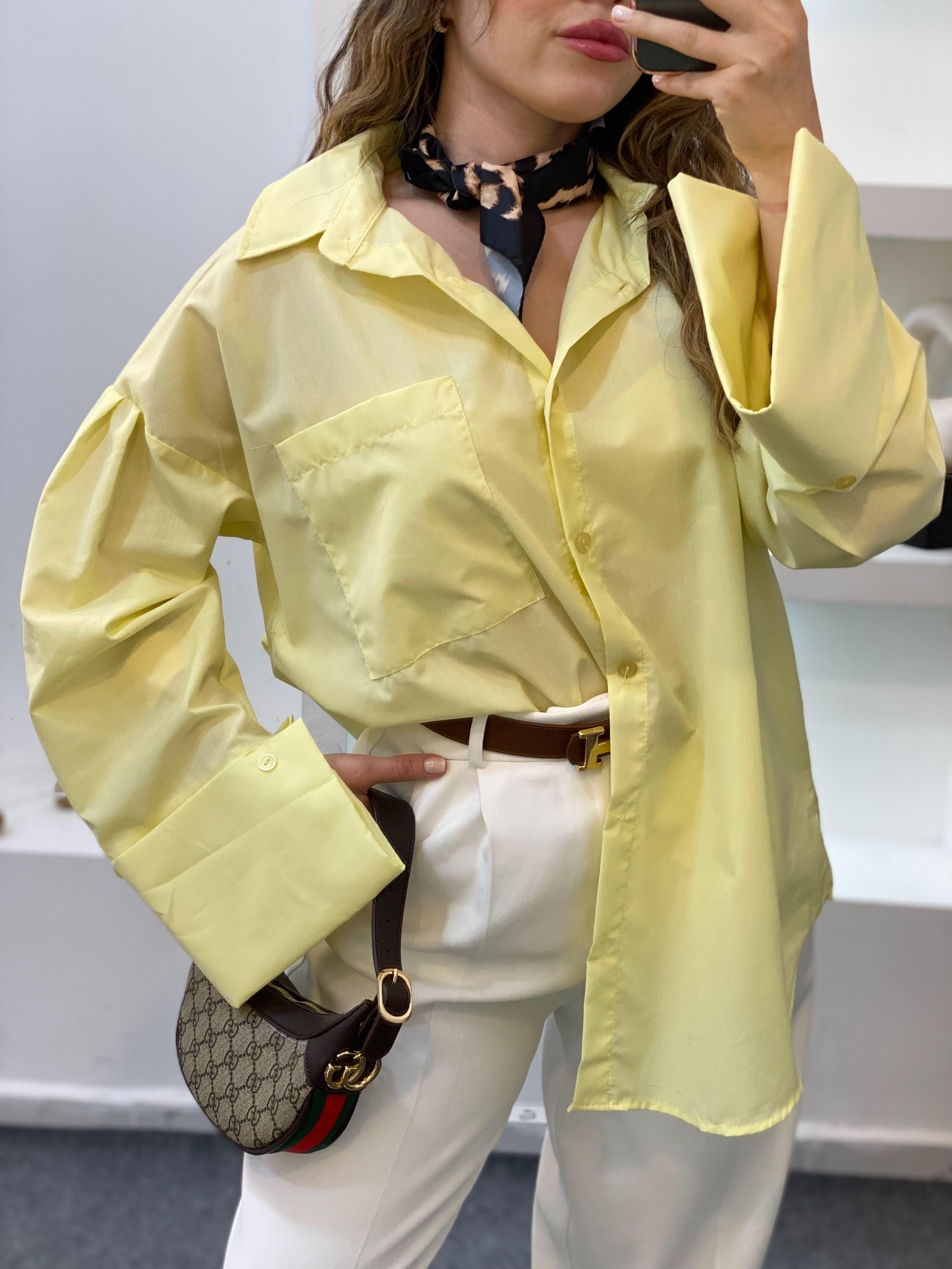 Sarı Renk Cepli Oversize Poplin Kumaş GÖMLEK