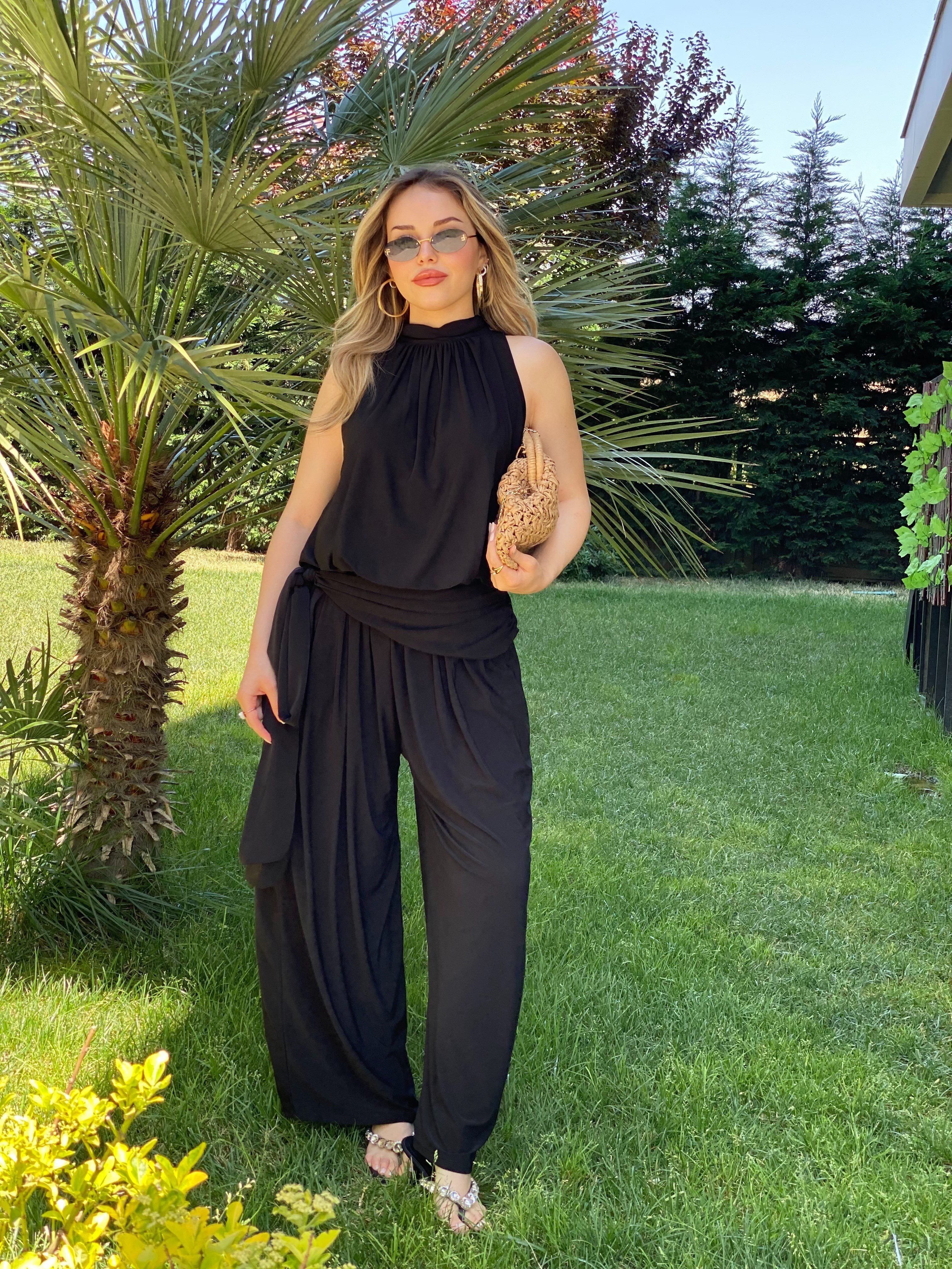 Siyah 3 lü Sandy Kumaş Likralı Takım