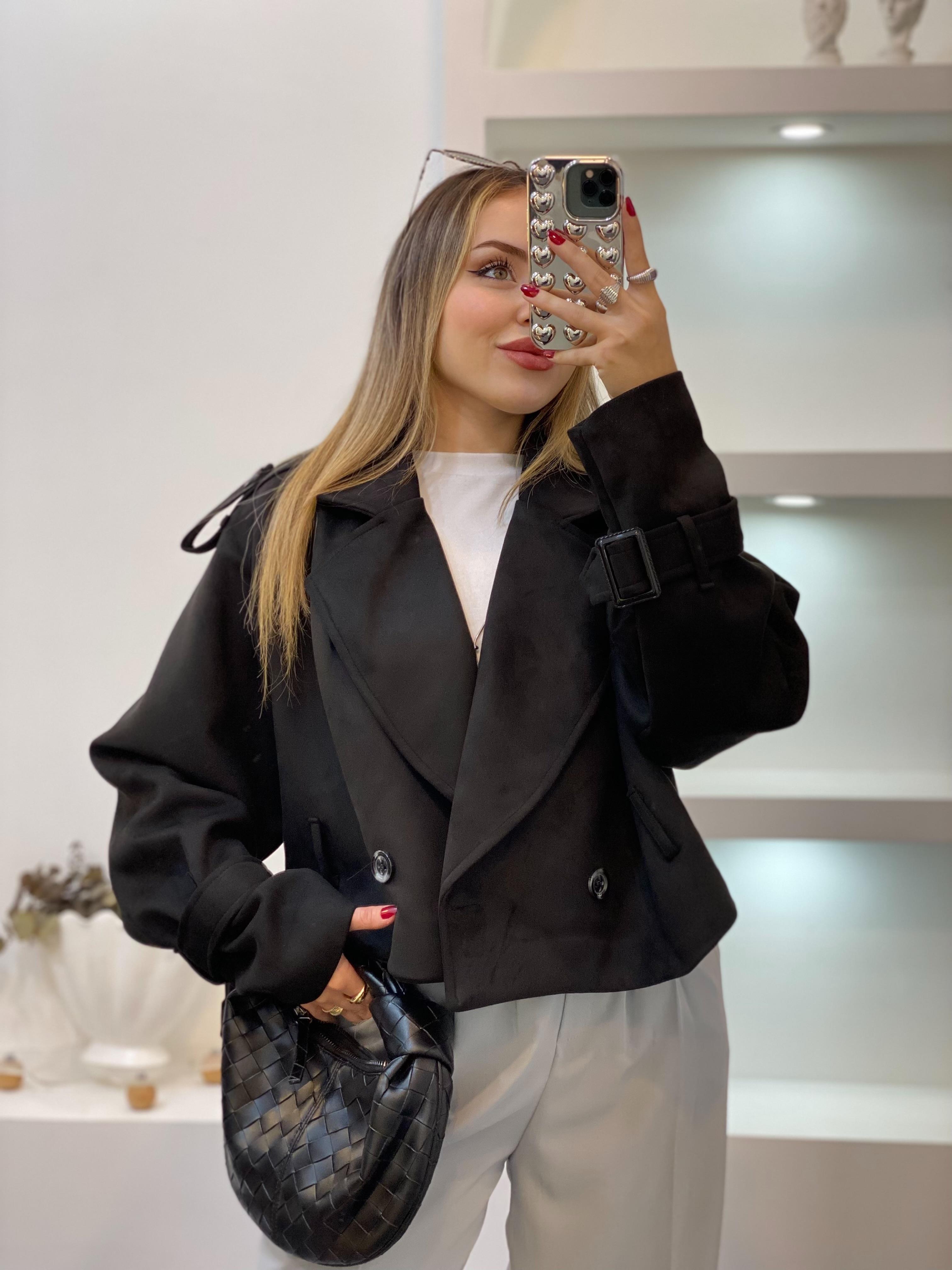 Siyah Apoletli Kuşaklı Model Süet Ceket