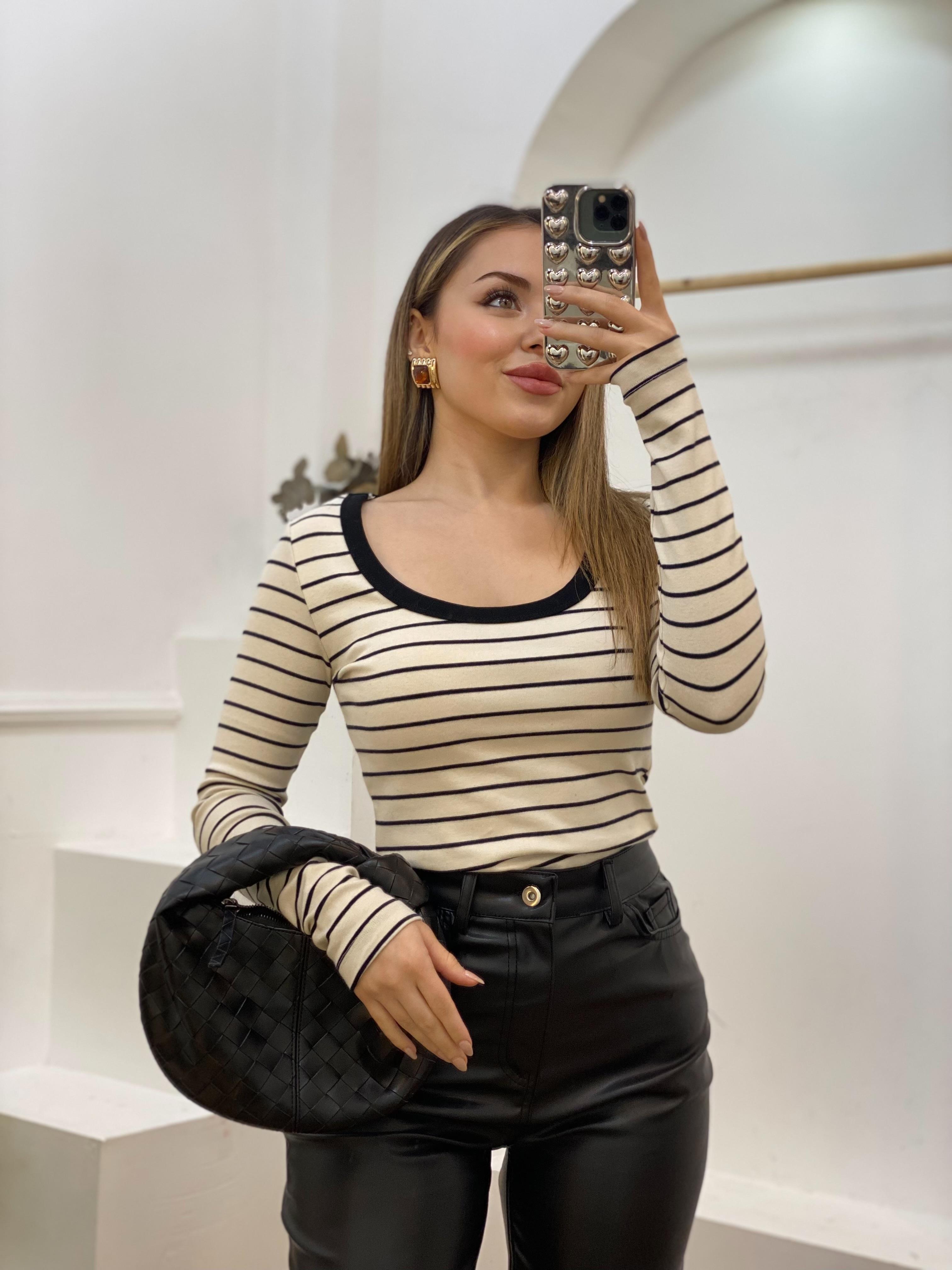 Siyah Bej Çizgili Fitilli Basic Bluz