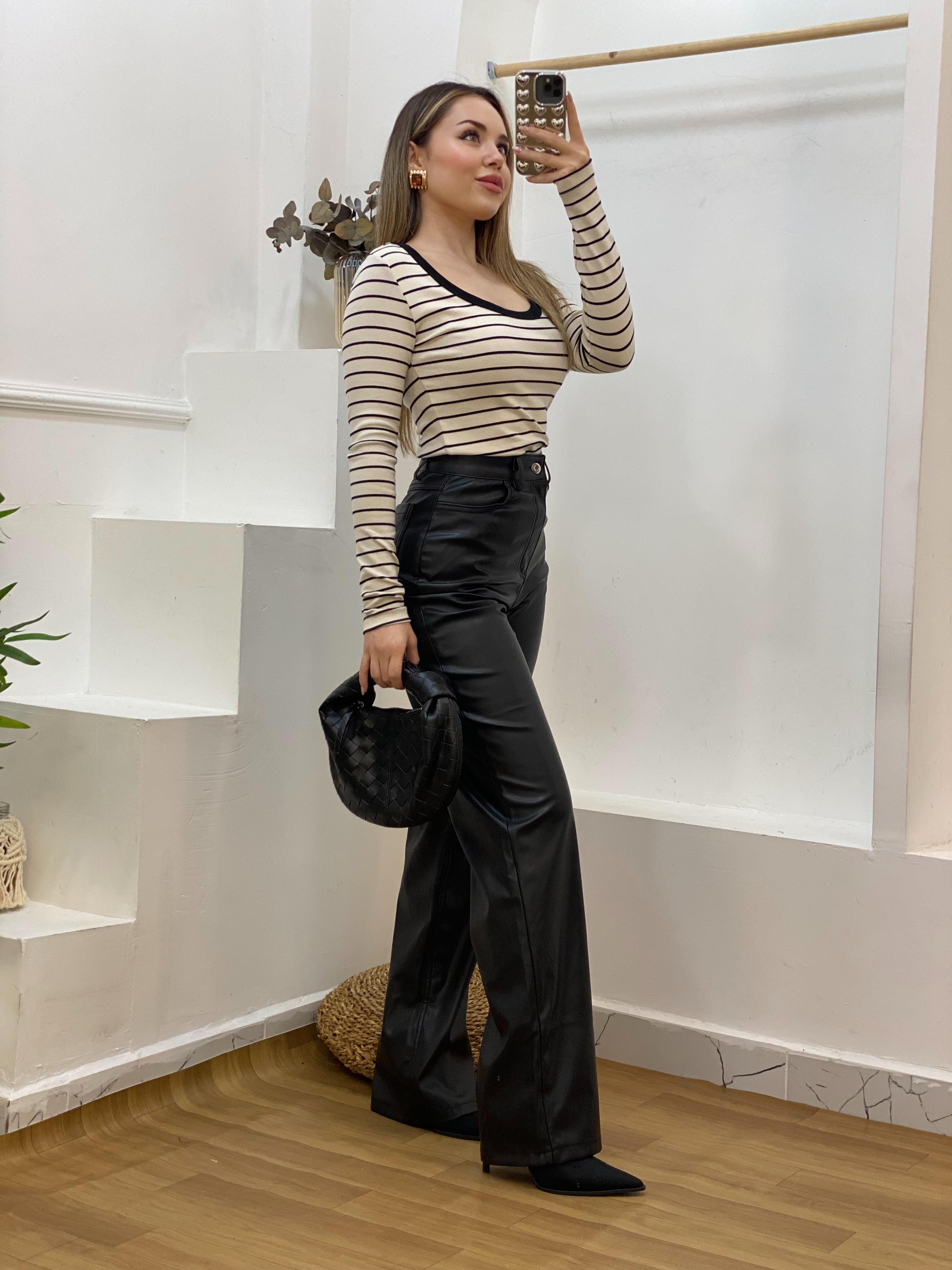 Siyah Bej Çizgili Fitilli Basic Bluz