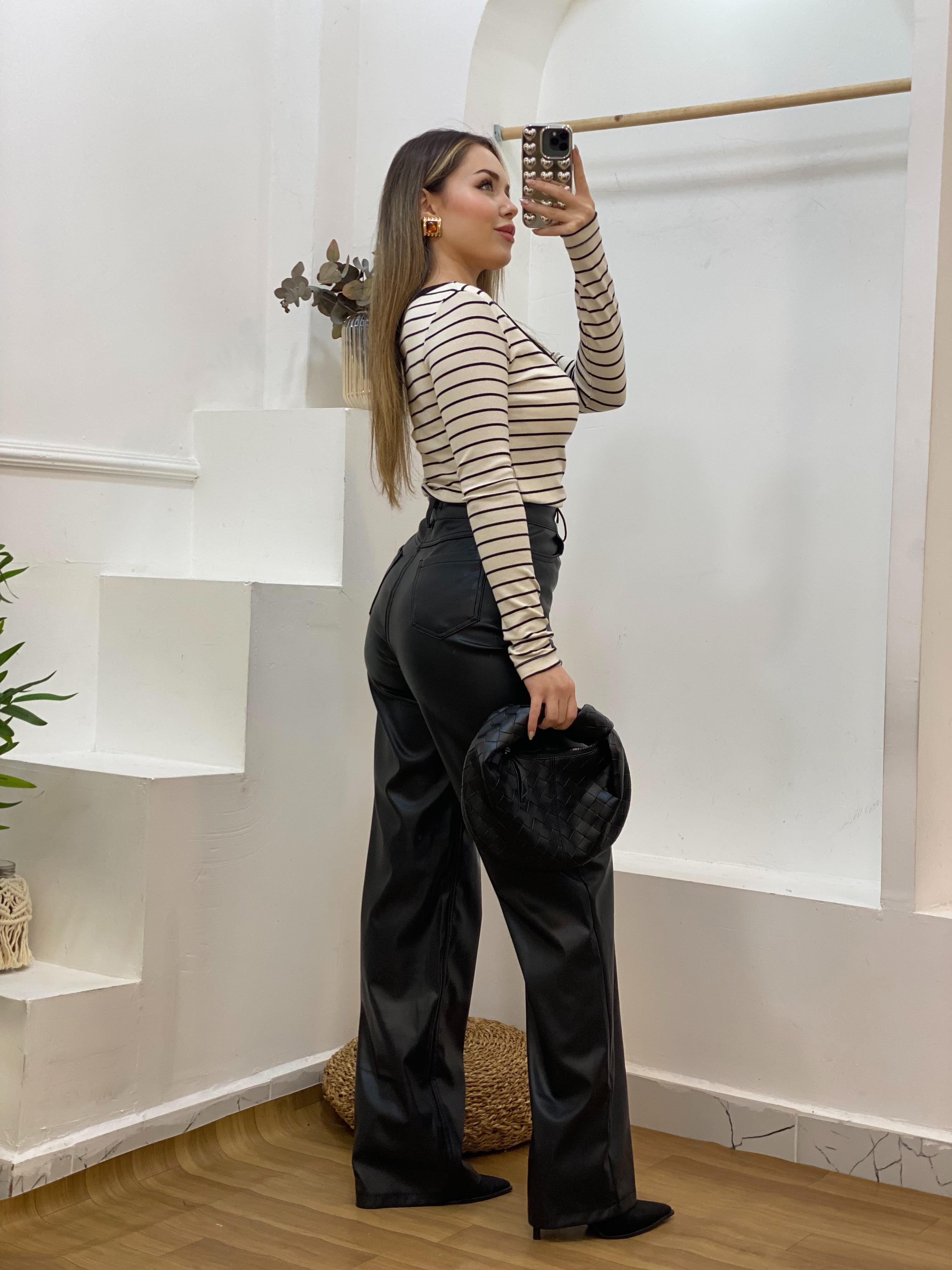 Siyah Bej Çizgili Fitilli Basic Bluz