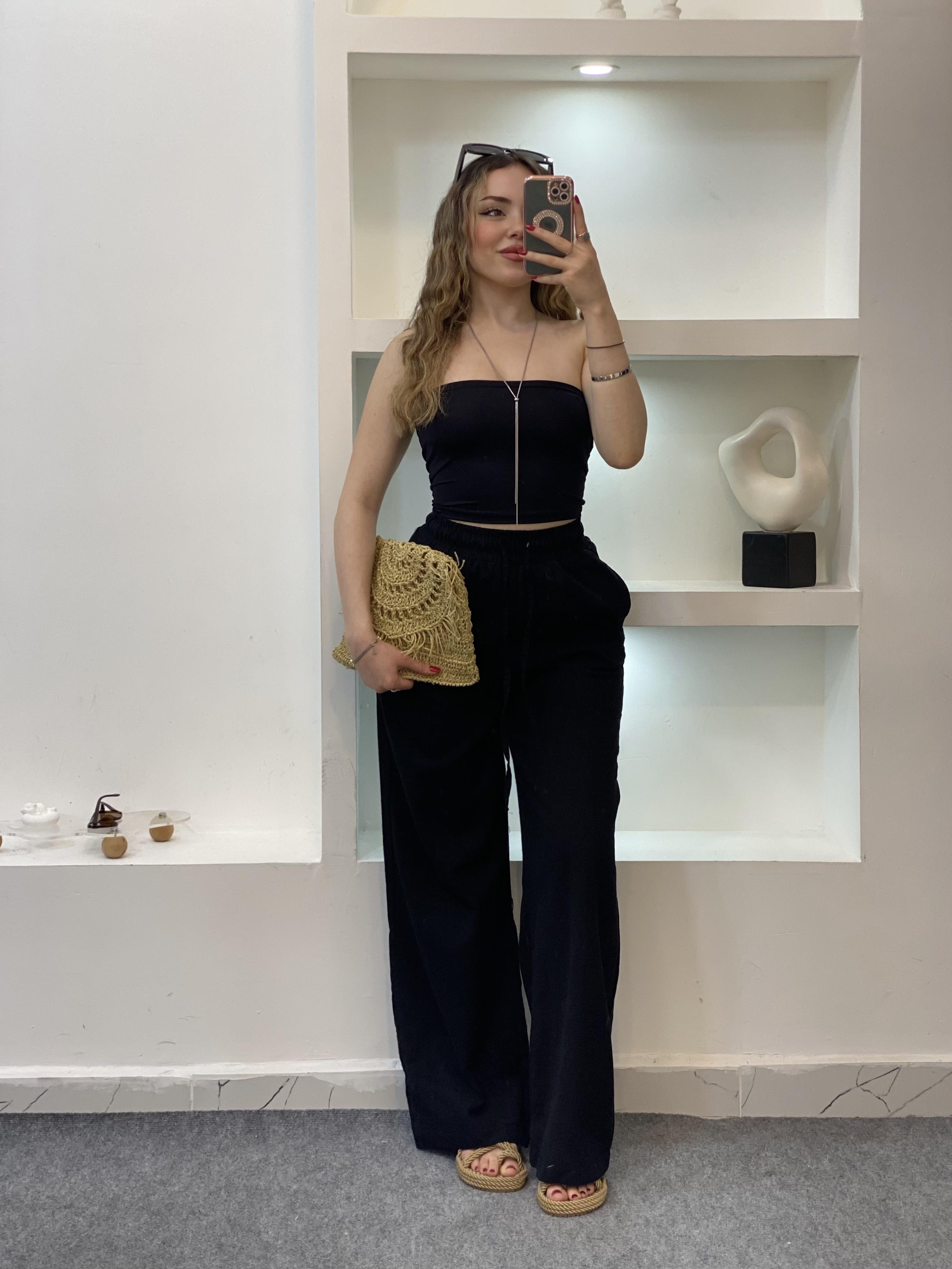 Siyah Beli Lastikli Keten Palazzo Pantolon 
