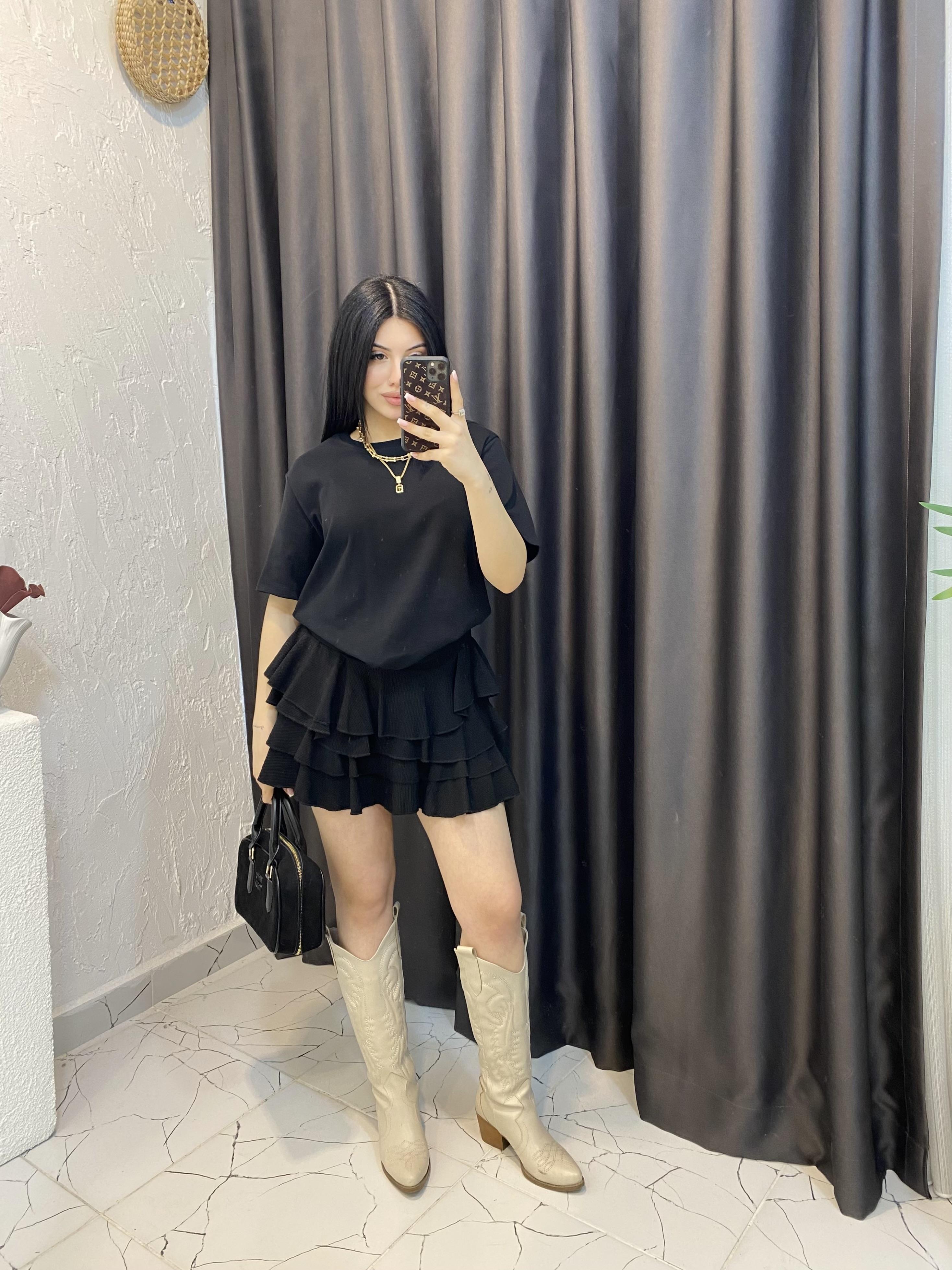 Siyah Beli Lastikli Volanlı Model Etek