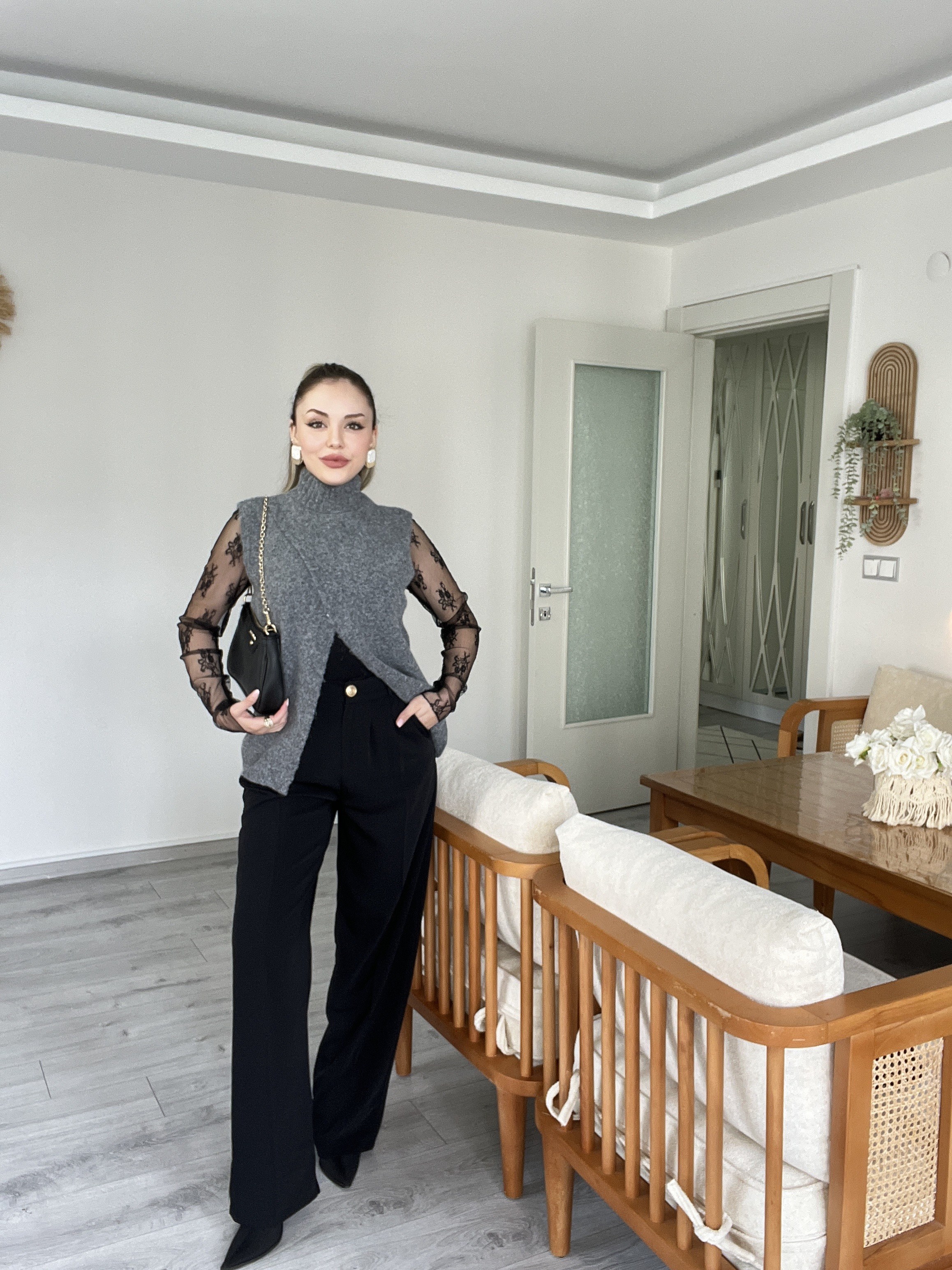 Siyah Dantel Bluz Antrasit Süveter 2 li Takım