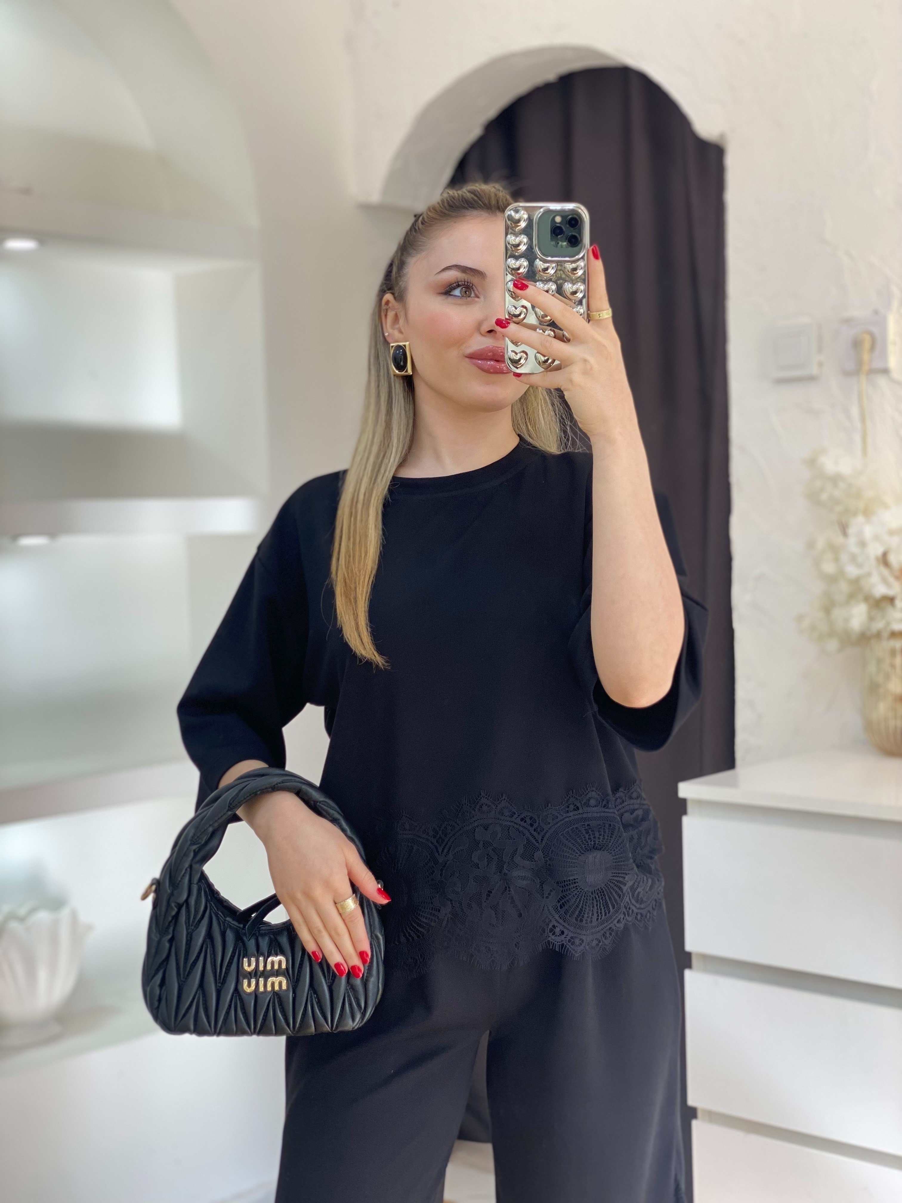 Siyah Dantel Detaylı Modal Takım