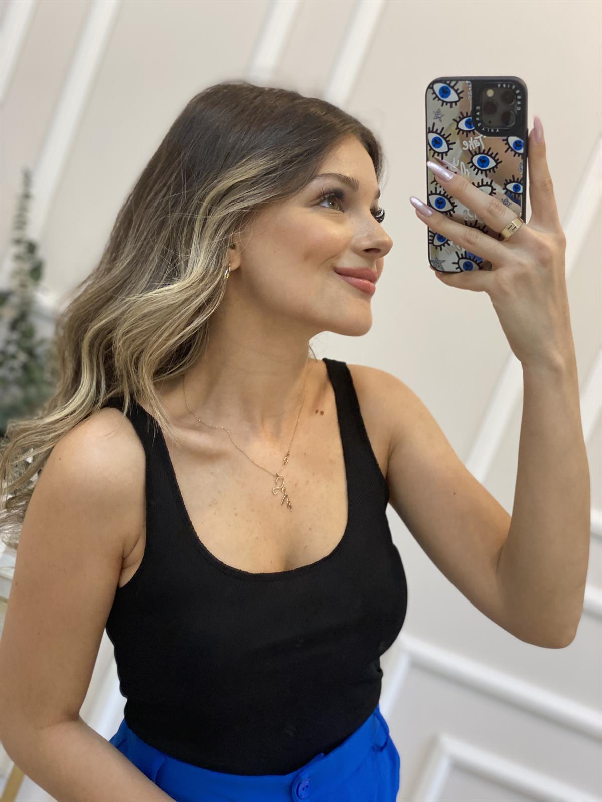 Siyah Dikişli Askılı Uzun Crop