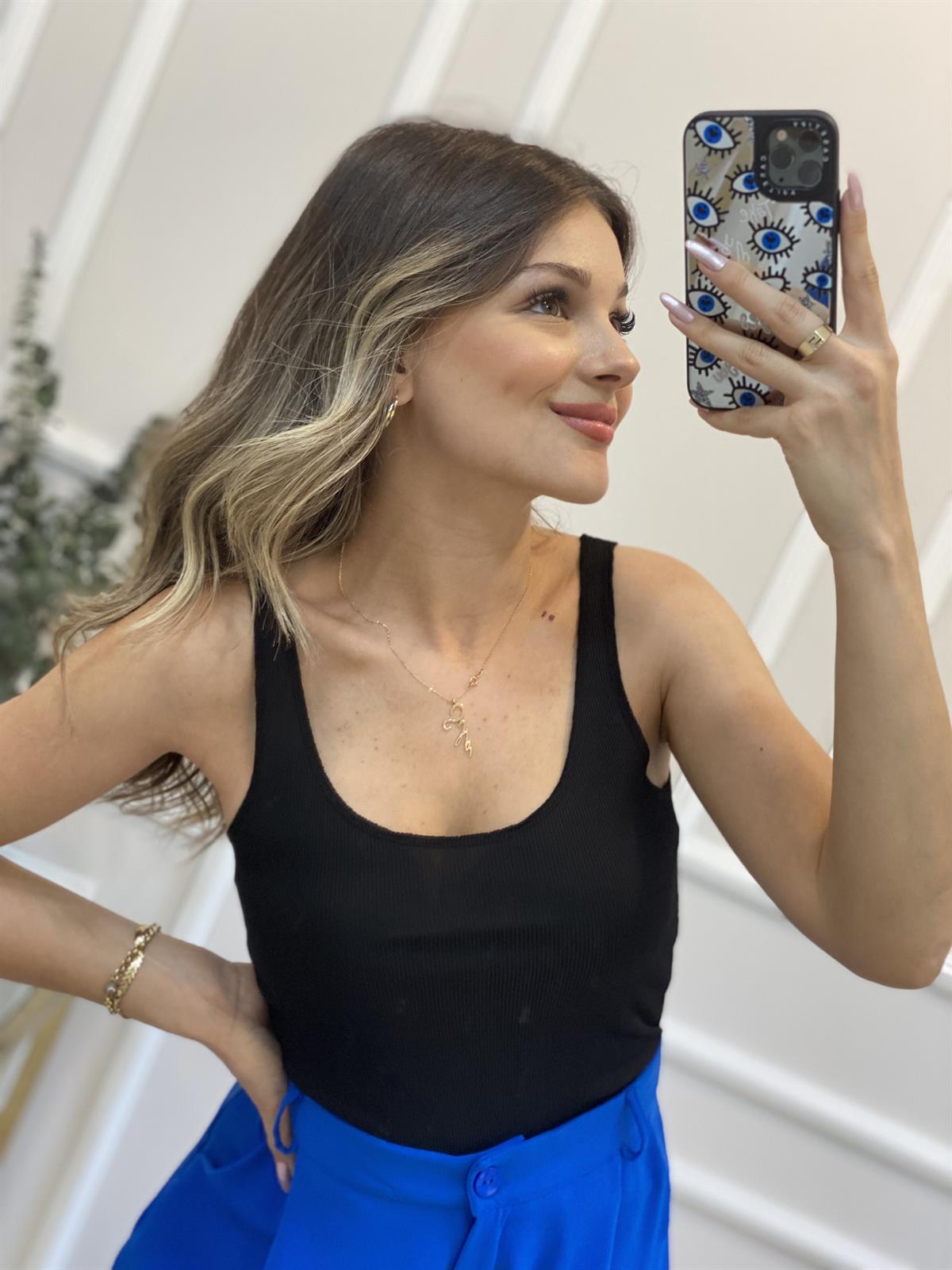 Siyah Dikişli Askılı Uzun Crop