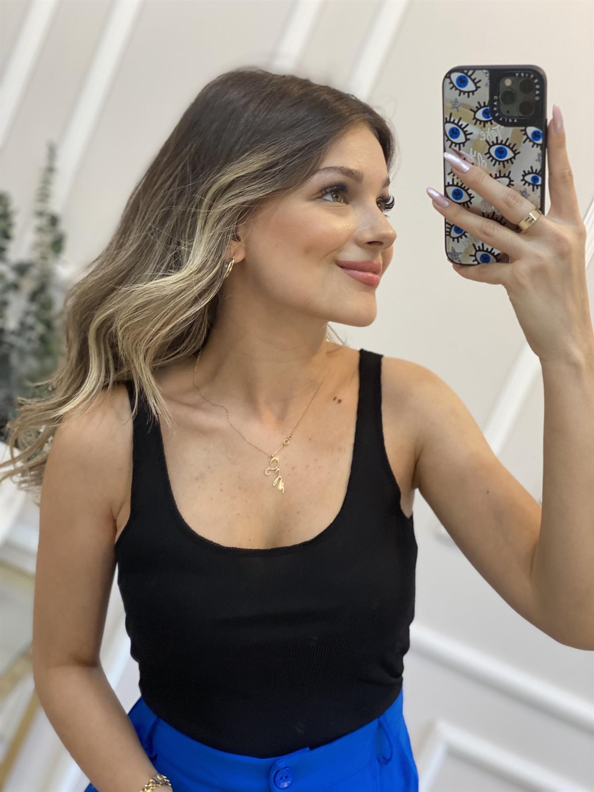 Siyah Dikişli Askılı Uzun Crop