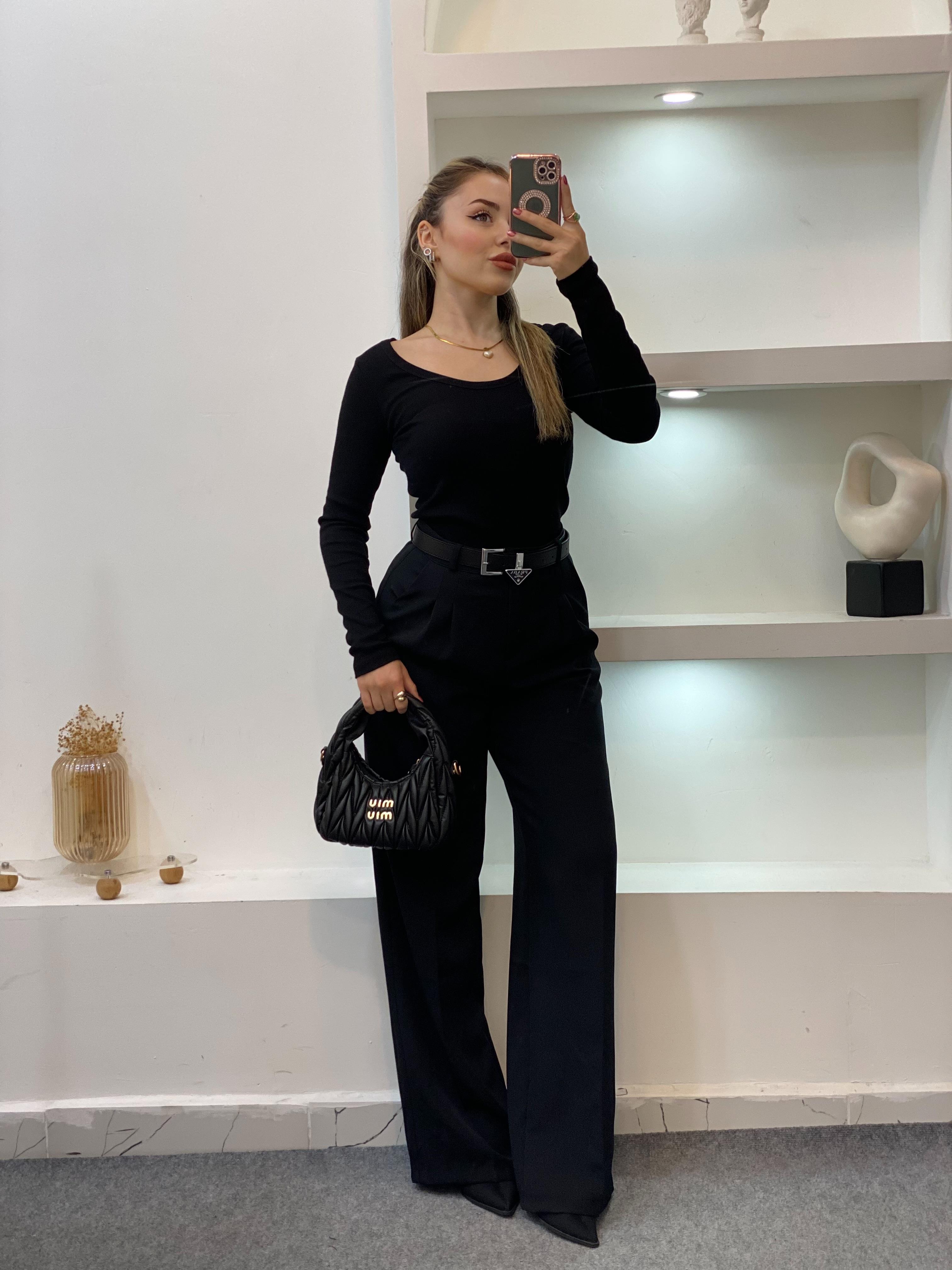 Siyah Geniş Yaka Fitilli Basic Bluz