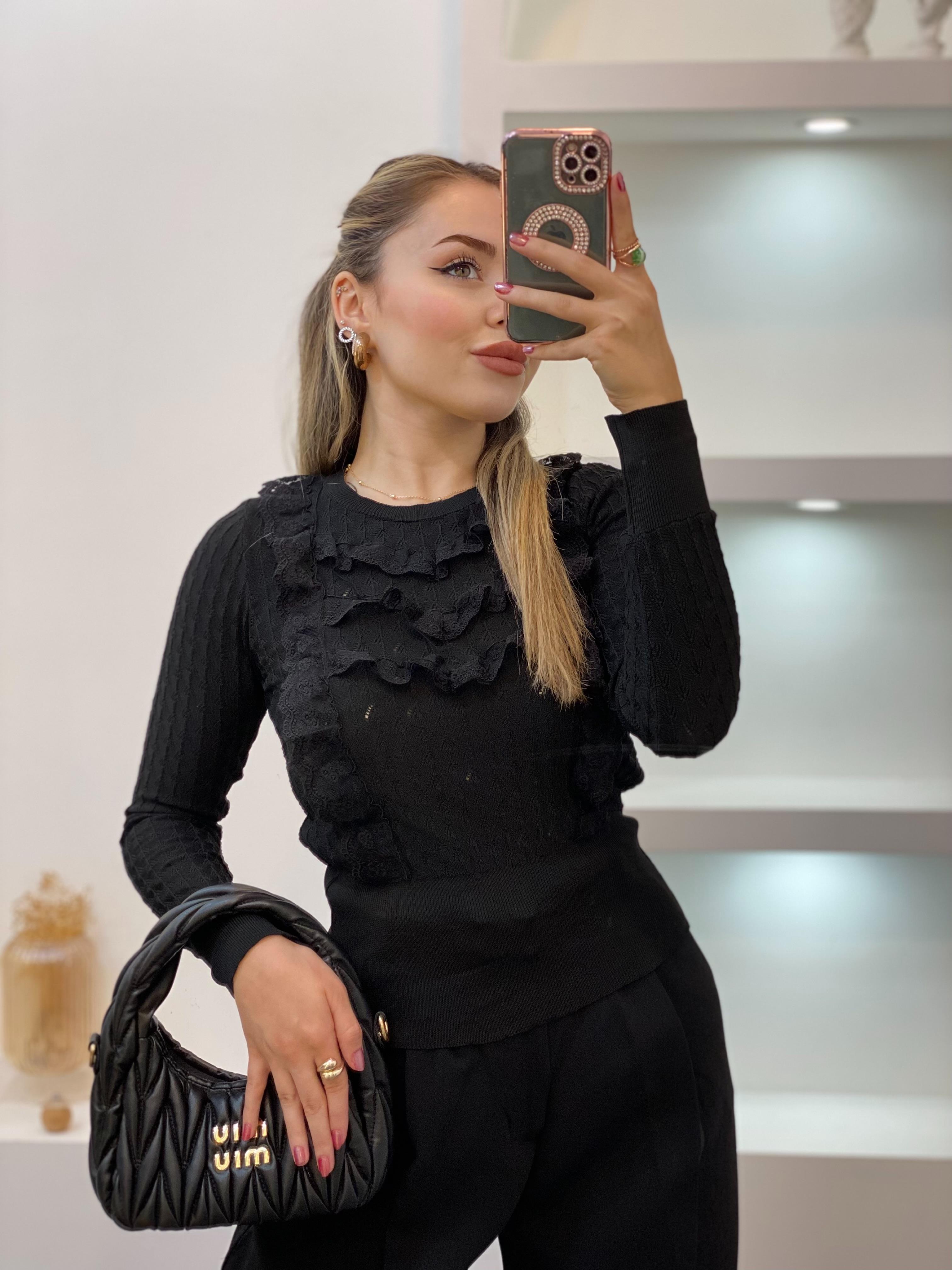 Siyah Güpürlü Model Triko Bluz