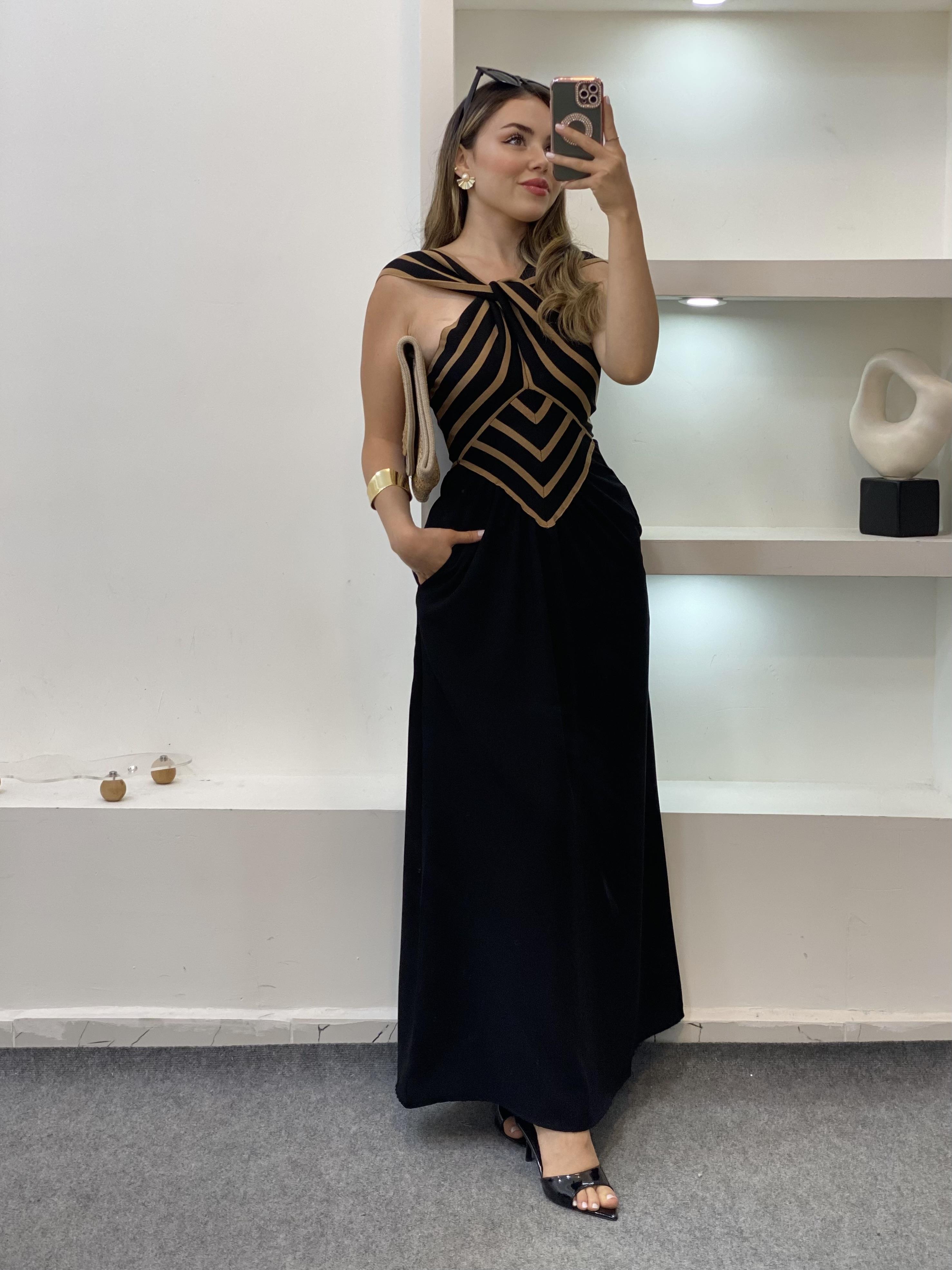 Siyah Kahve Triko Detaylı Geometrik Desenli Elbise