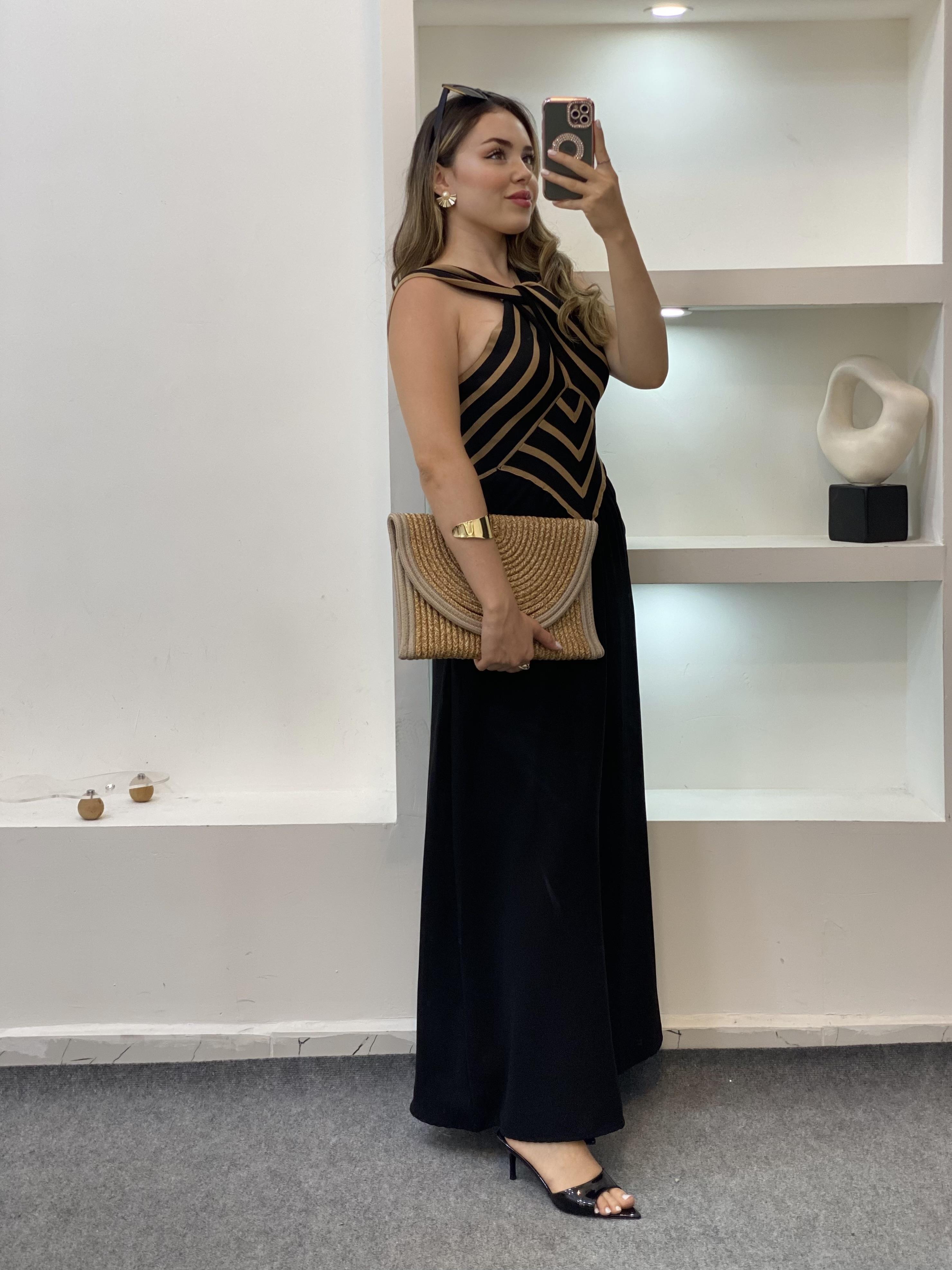 Siyah Kahve Triko Detaylı Geometrik Desenli Elbise