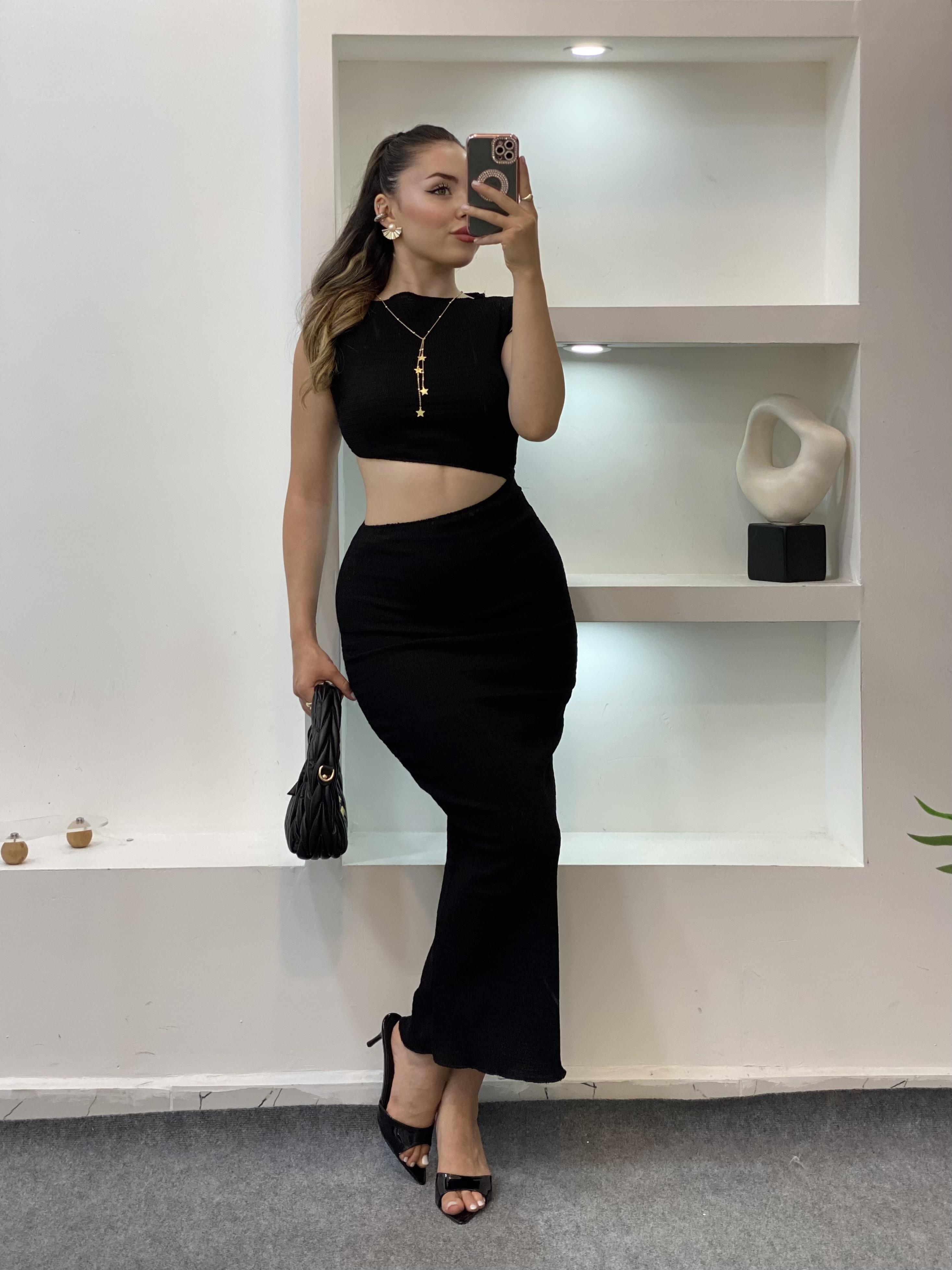 Siyah Likralı Bel Detaylı Elbise