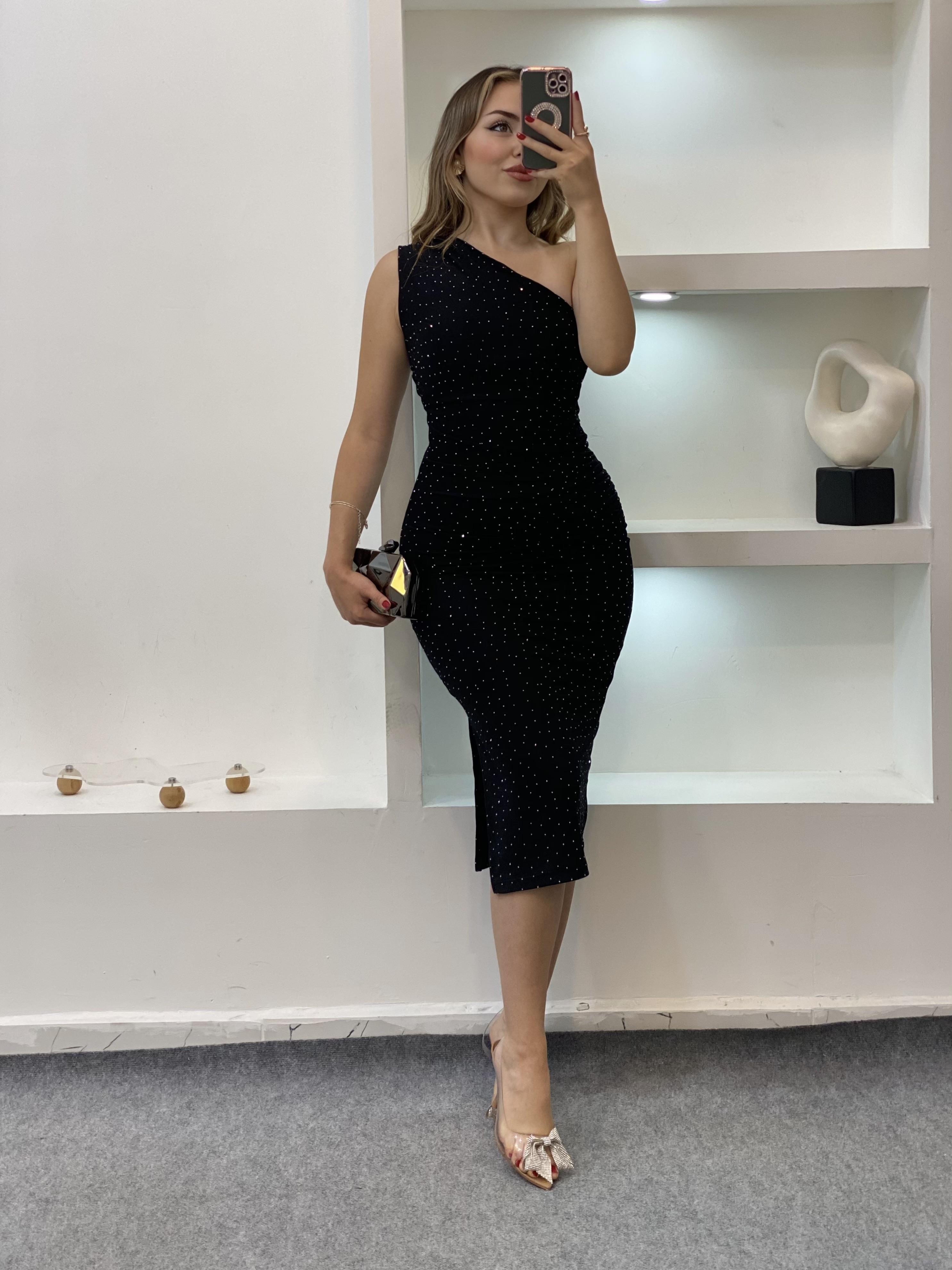 Siyah Parıltılı Taşlı Elbise