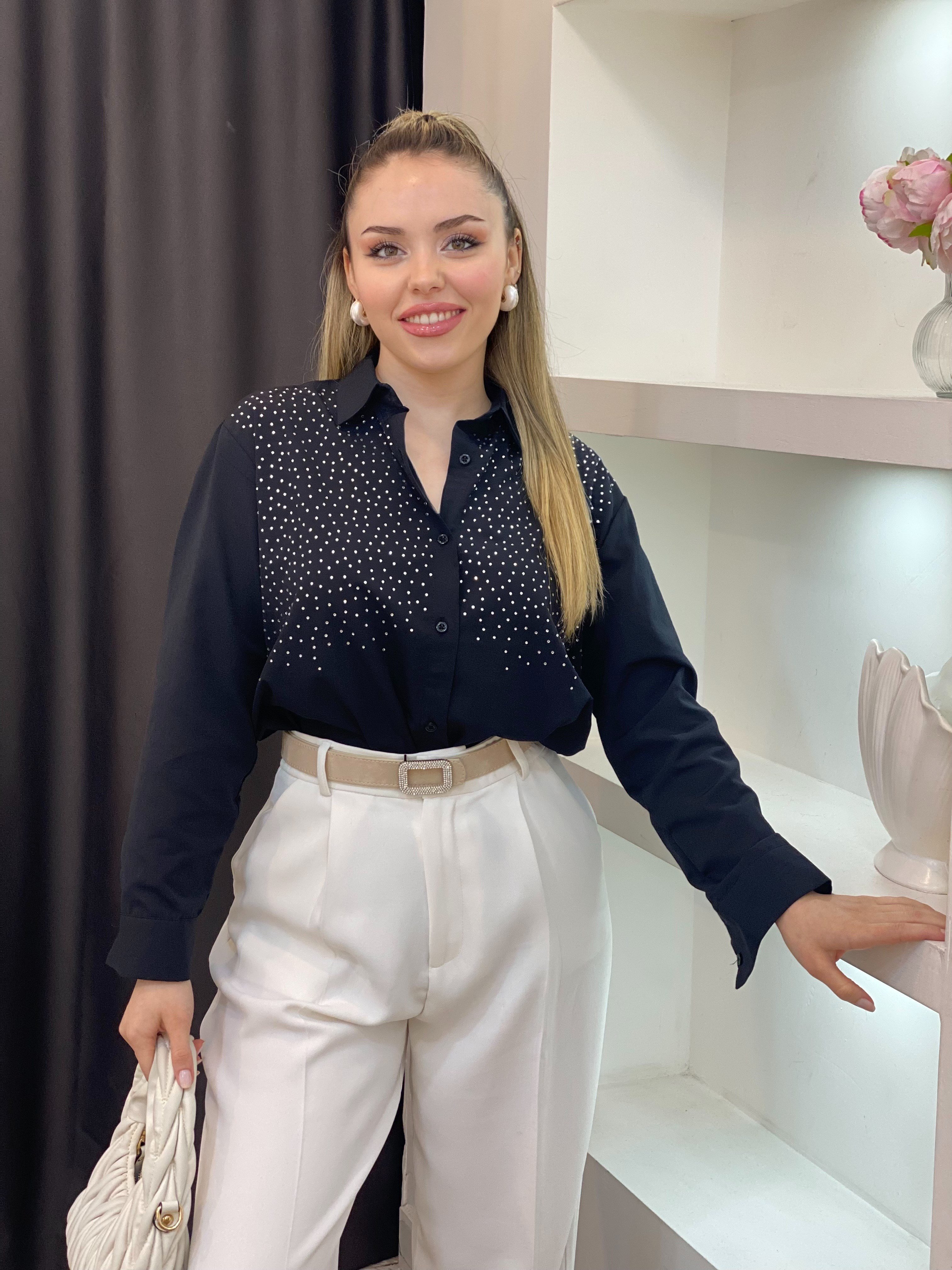 Siyah Parıltılı Taşlı Gömlek 