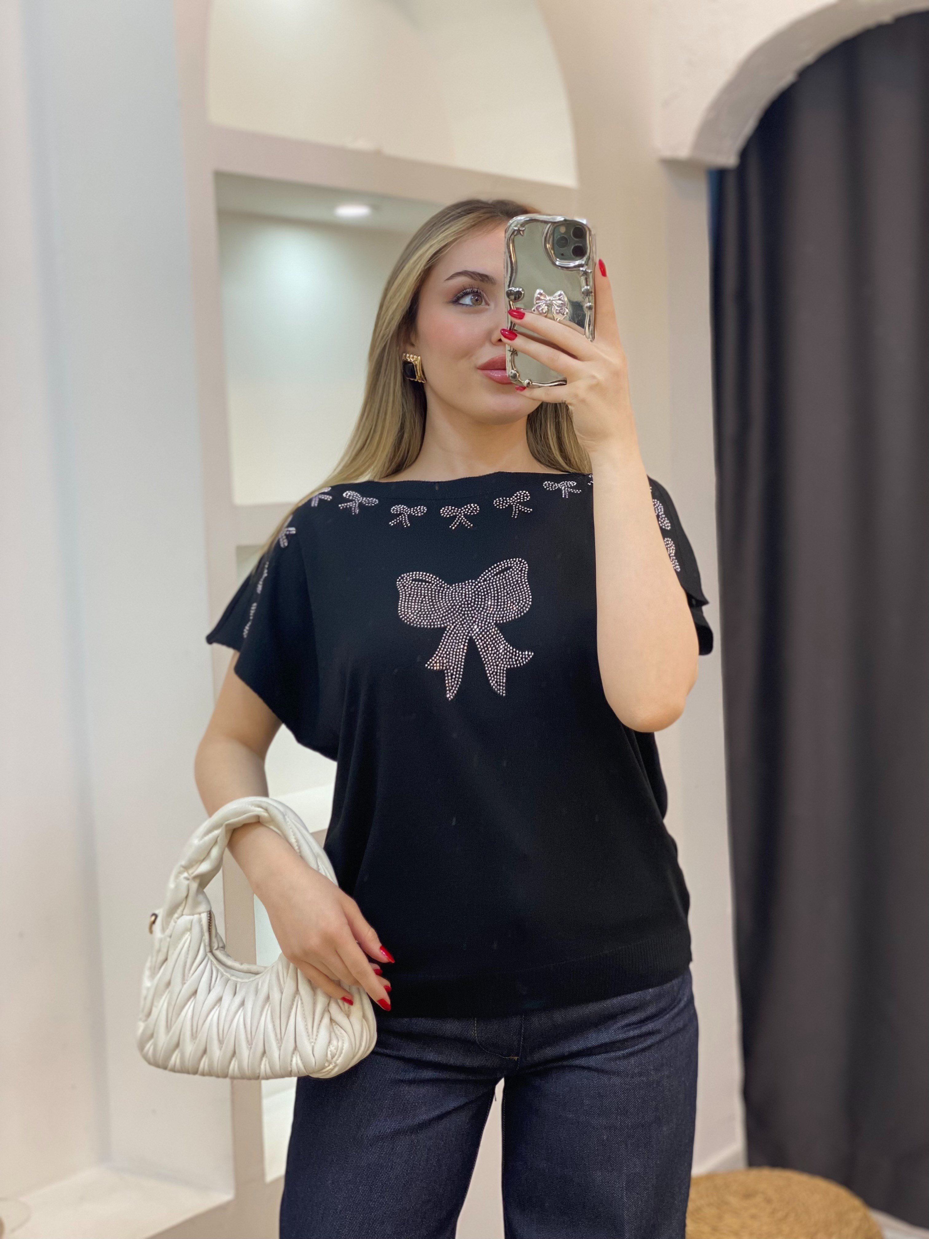 Siyah Parıltılı Taşlı Merserize Triko Bluz