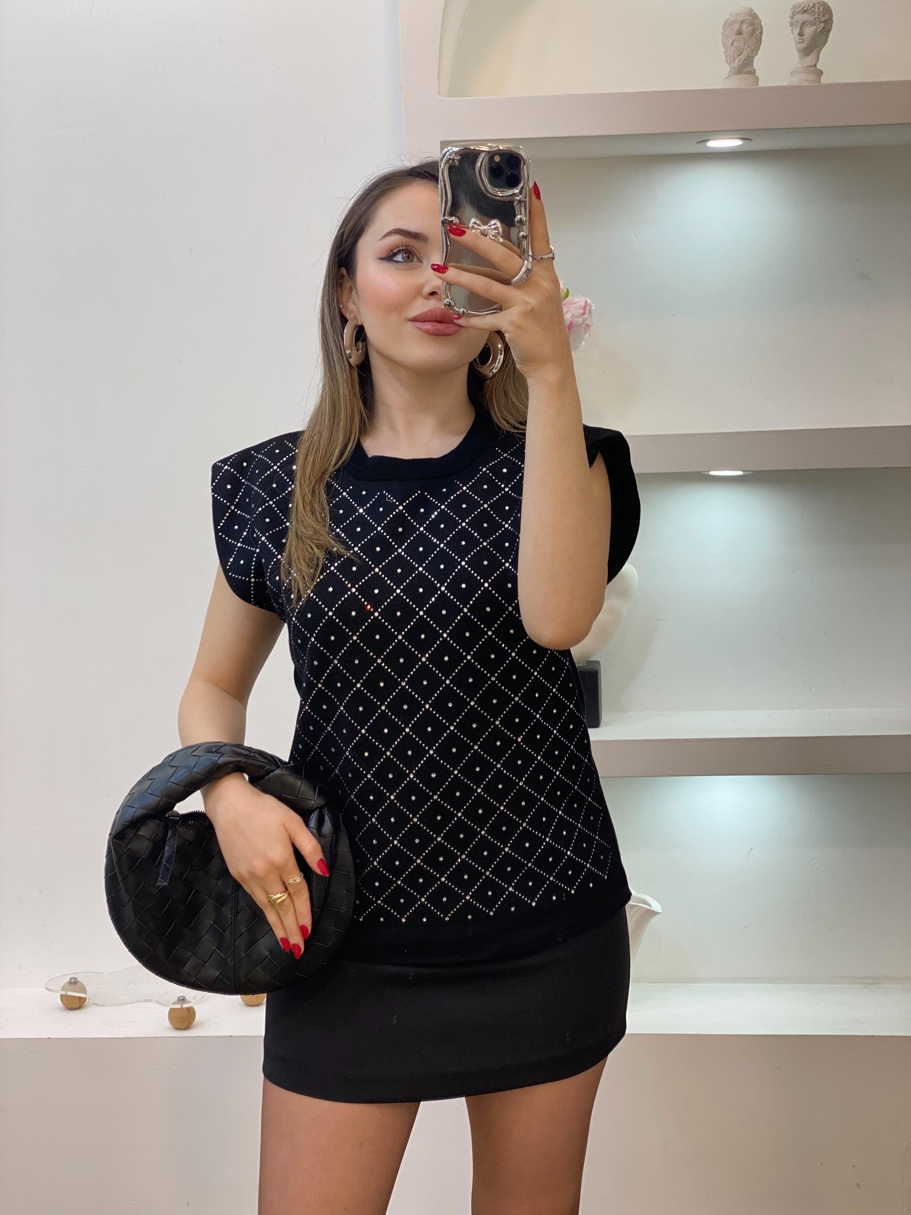 Siyah Parıltılı Taşlı Triko Bluz