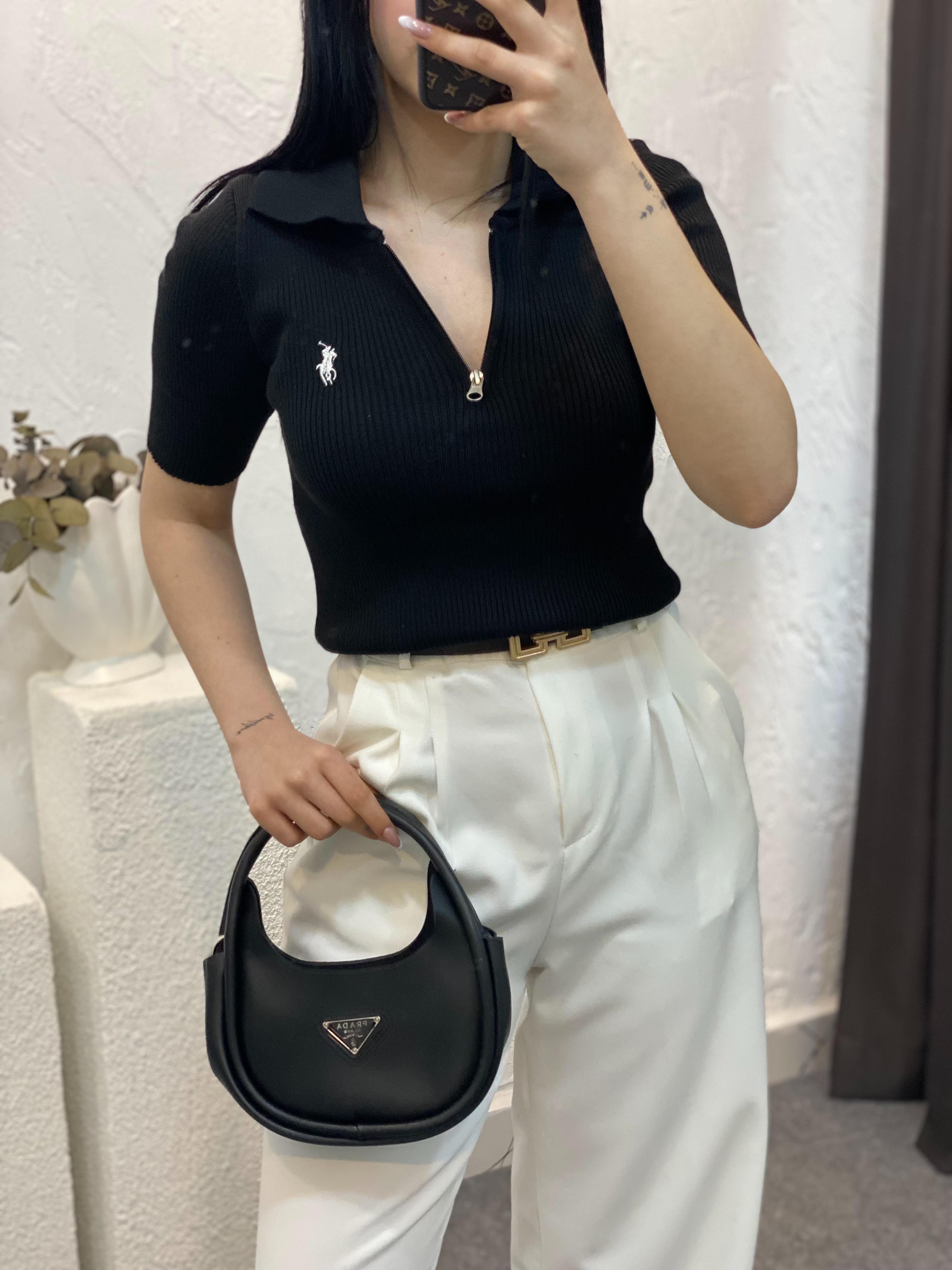 Siyah Polo Yaka Fermuarlı Triko