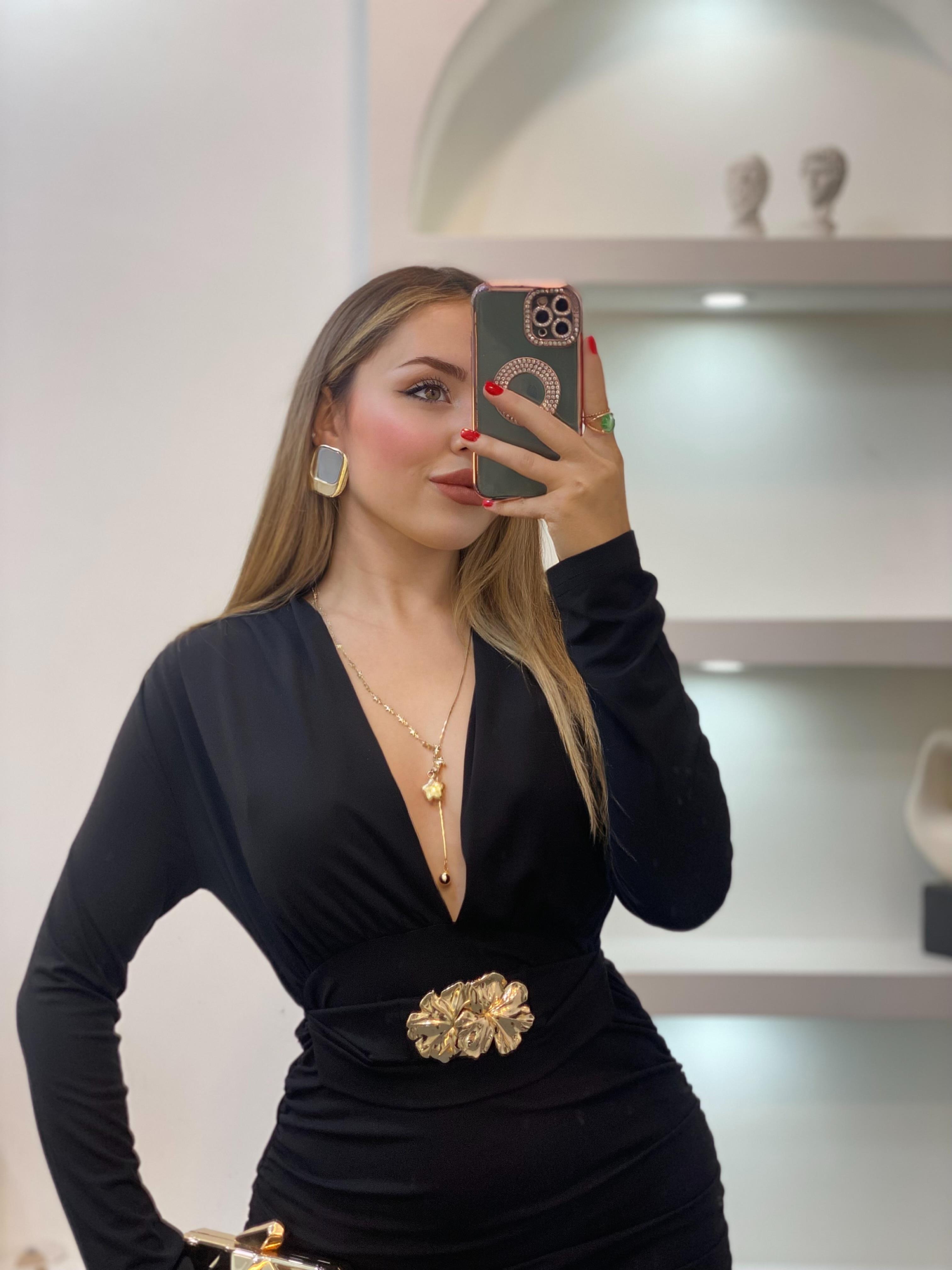 Siyah Premium Kalite Gold Broşlu Elbise