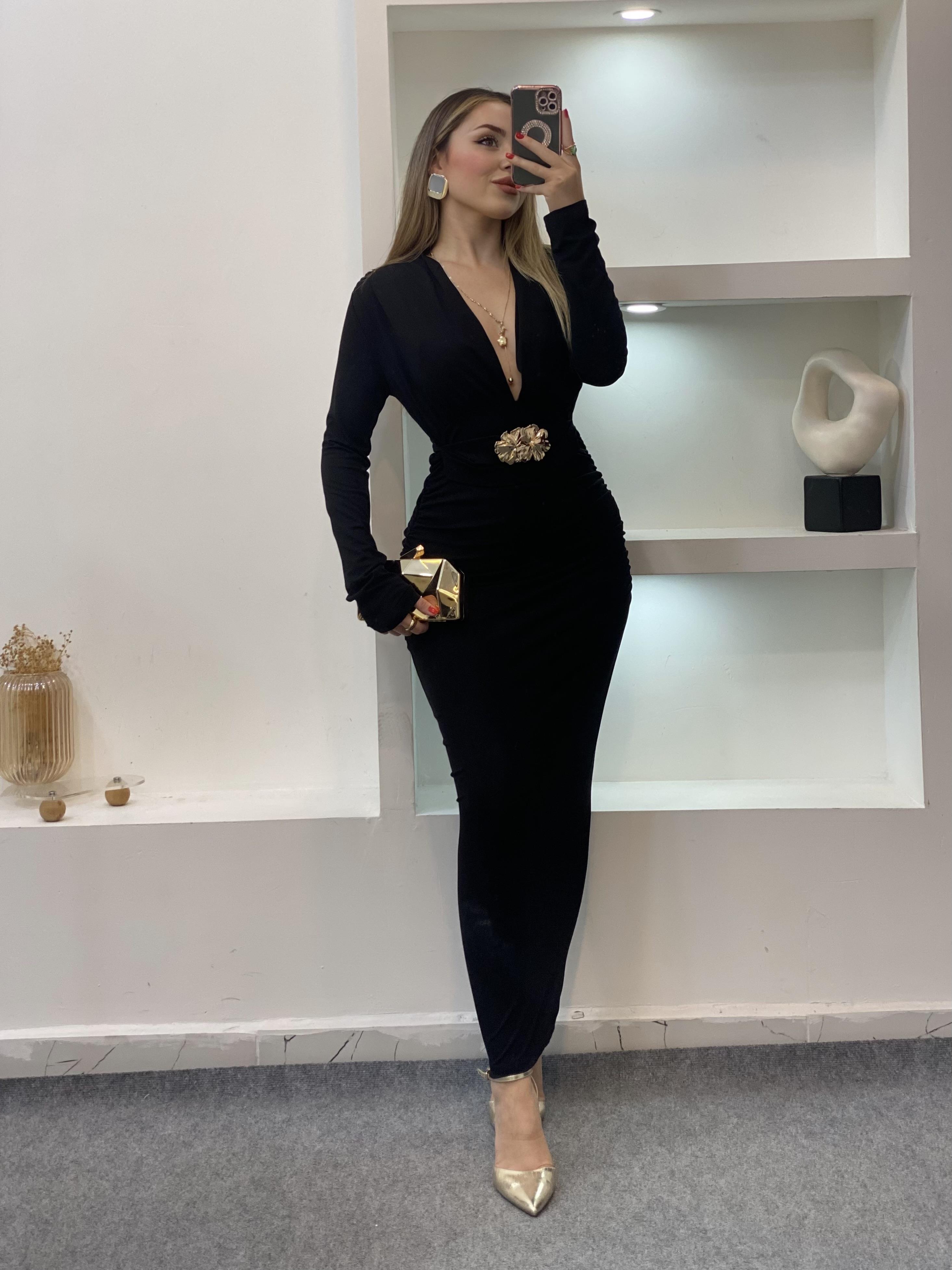Siyah Premium Kalite Gold Broşlu Elbise