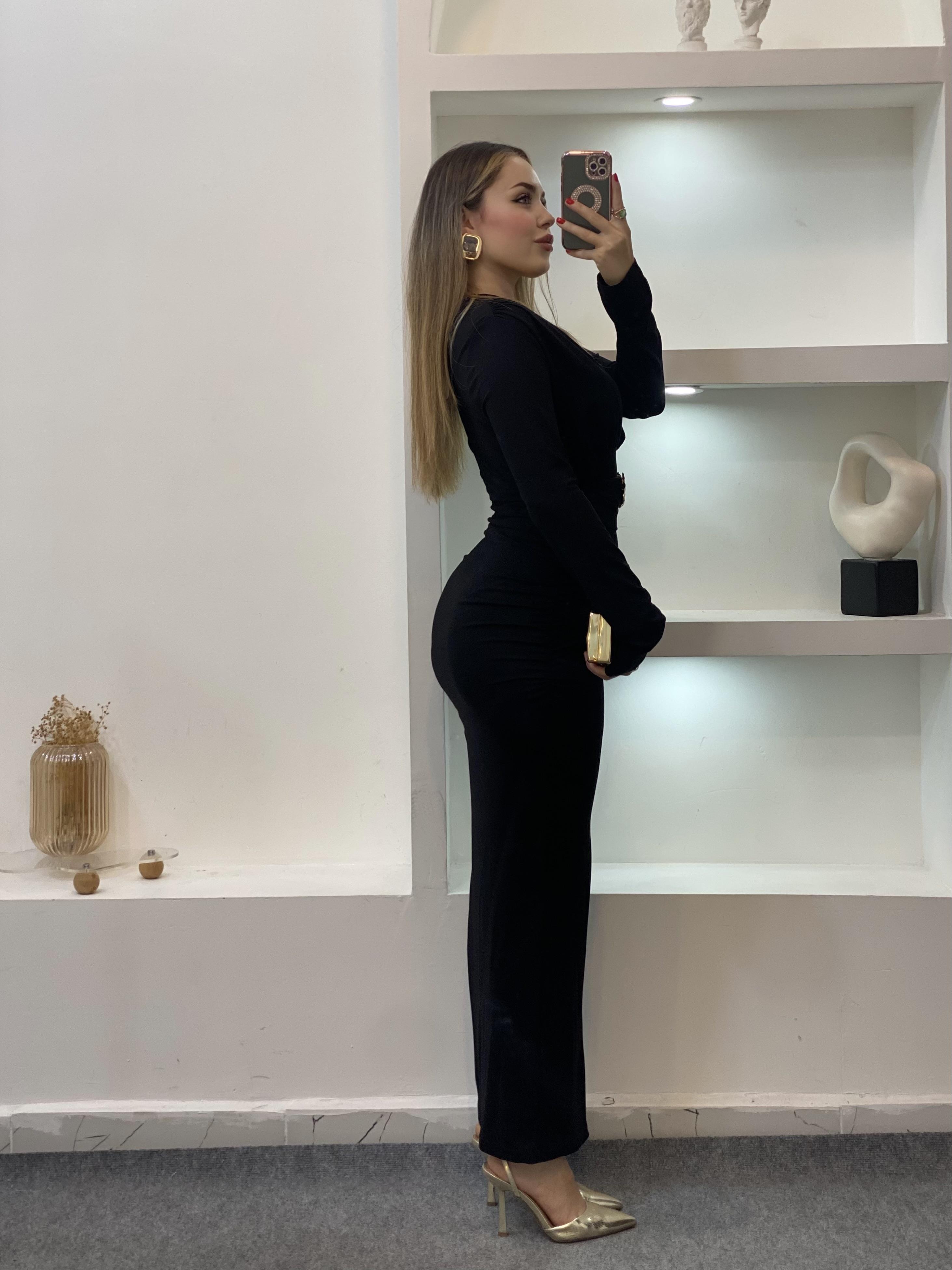 Siyah Premium Kalite Gold Broşlu Elbise