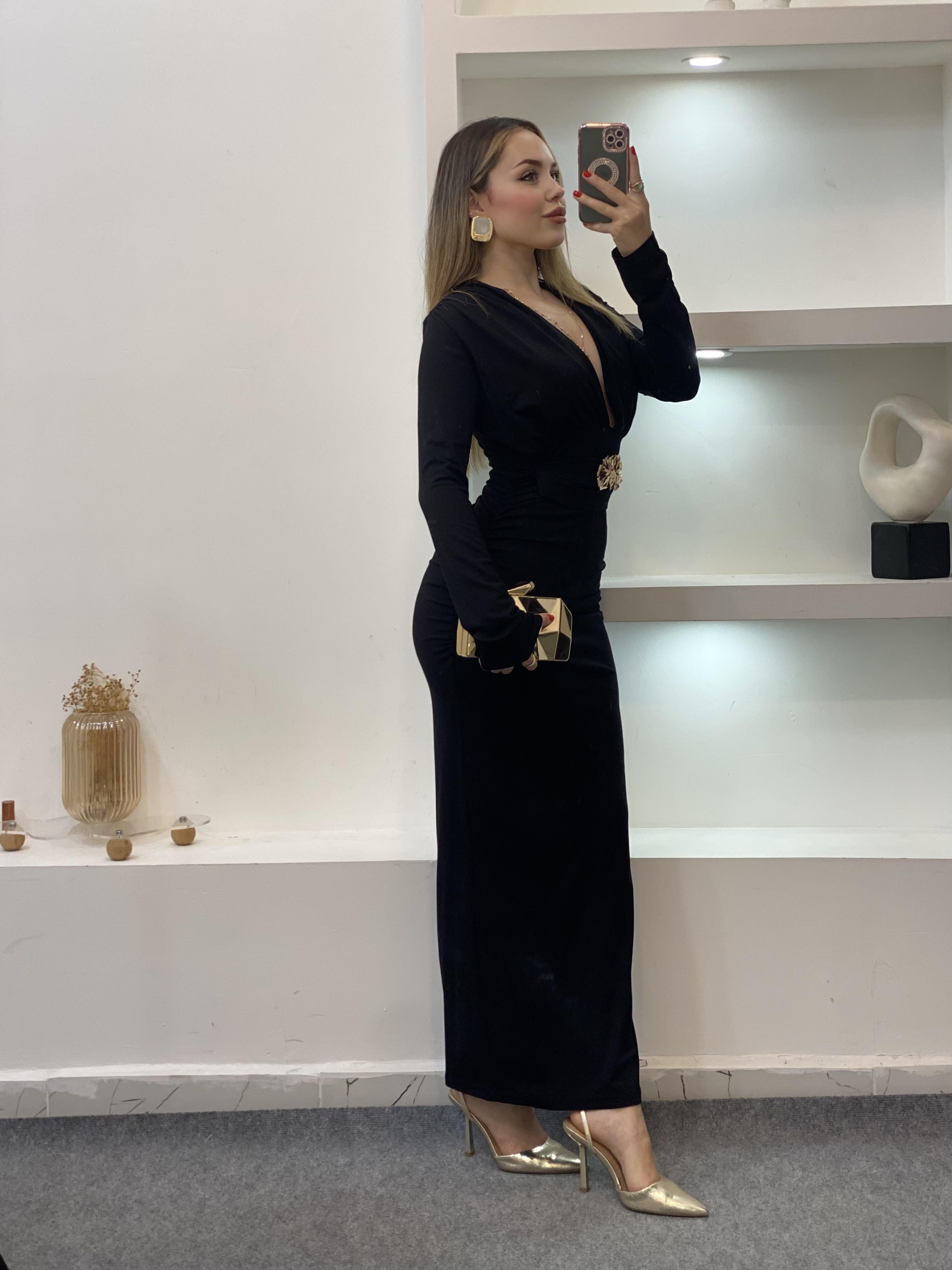 Siyah Premium Kalite Gold Broşlu Elbise