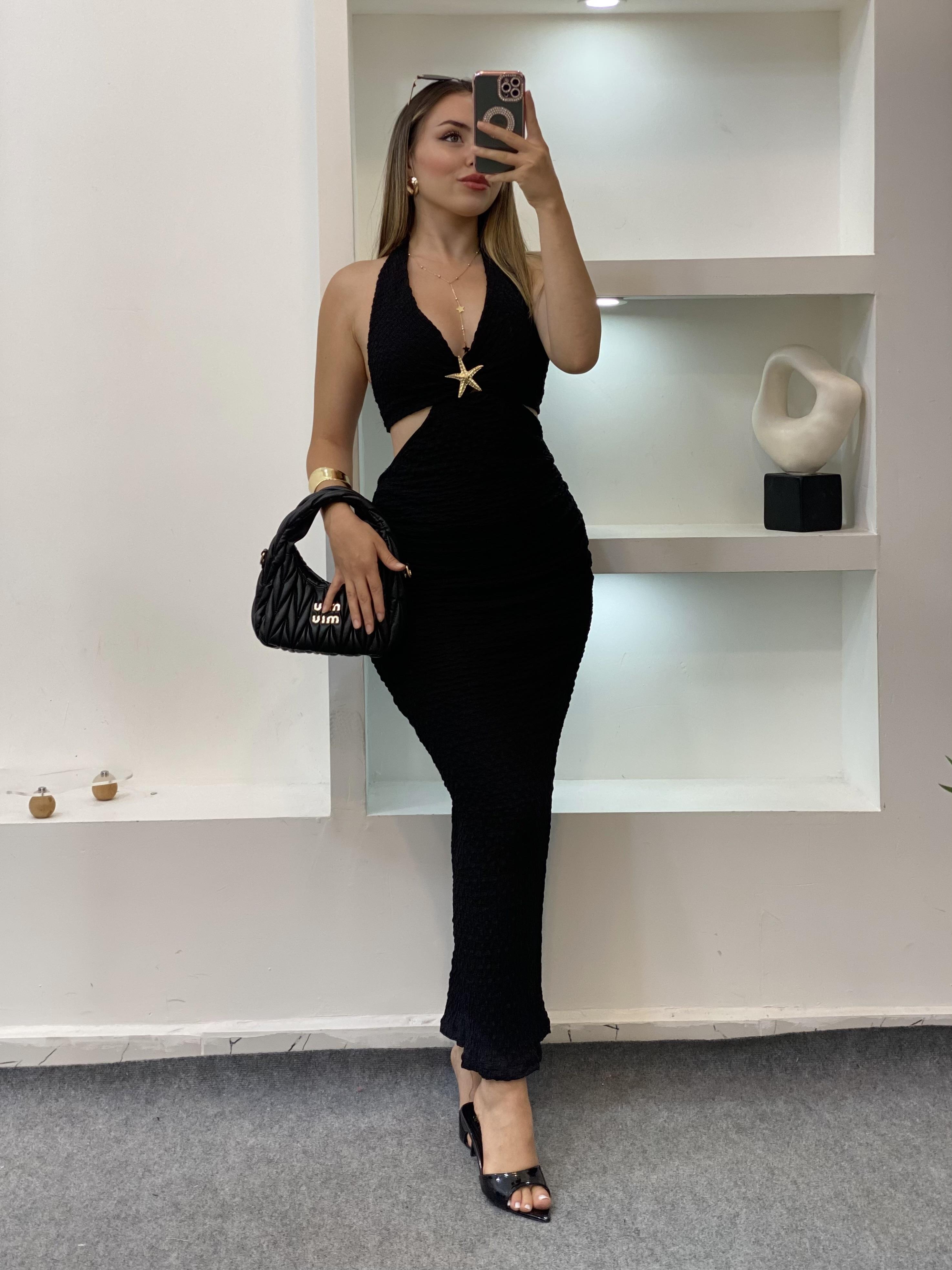 Siyah Premium Kalite Sırt Dekolteli Elbise