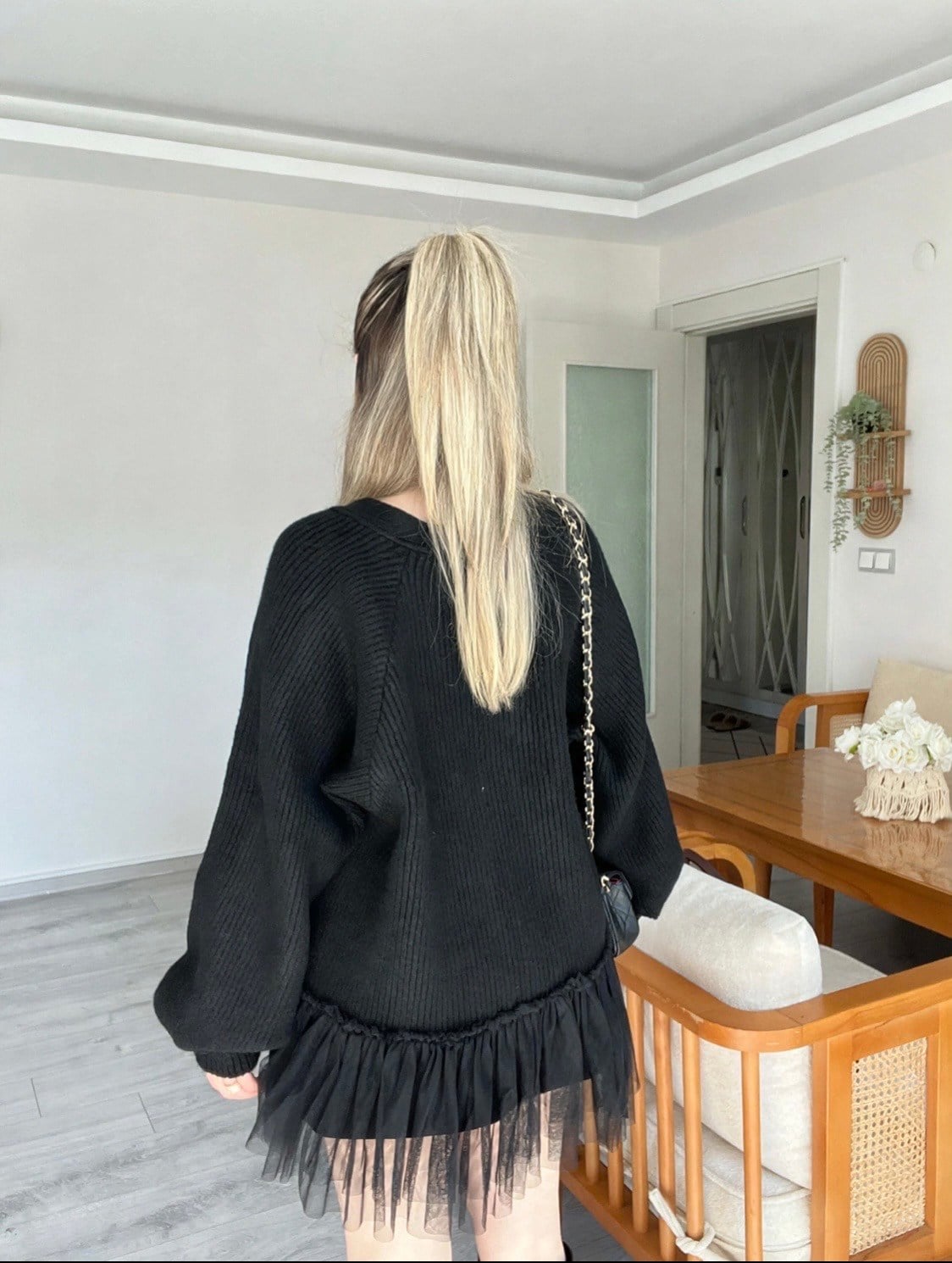 Siyah Premium Kalite Tül Detaylı Hırka
