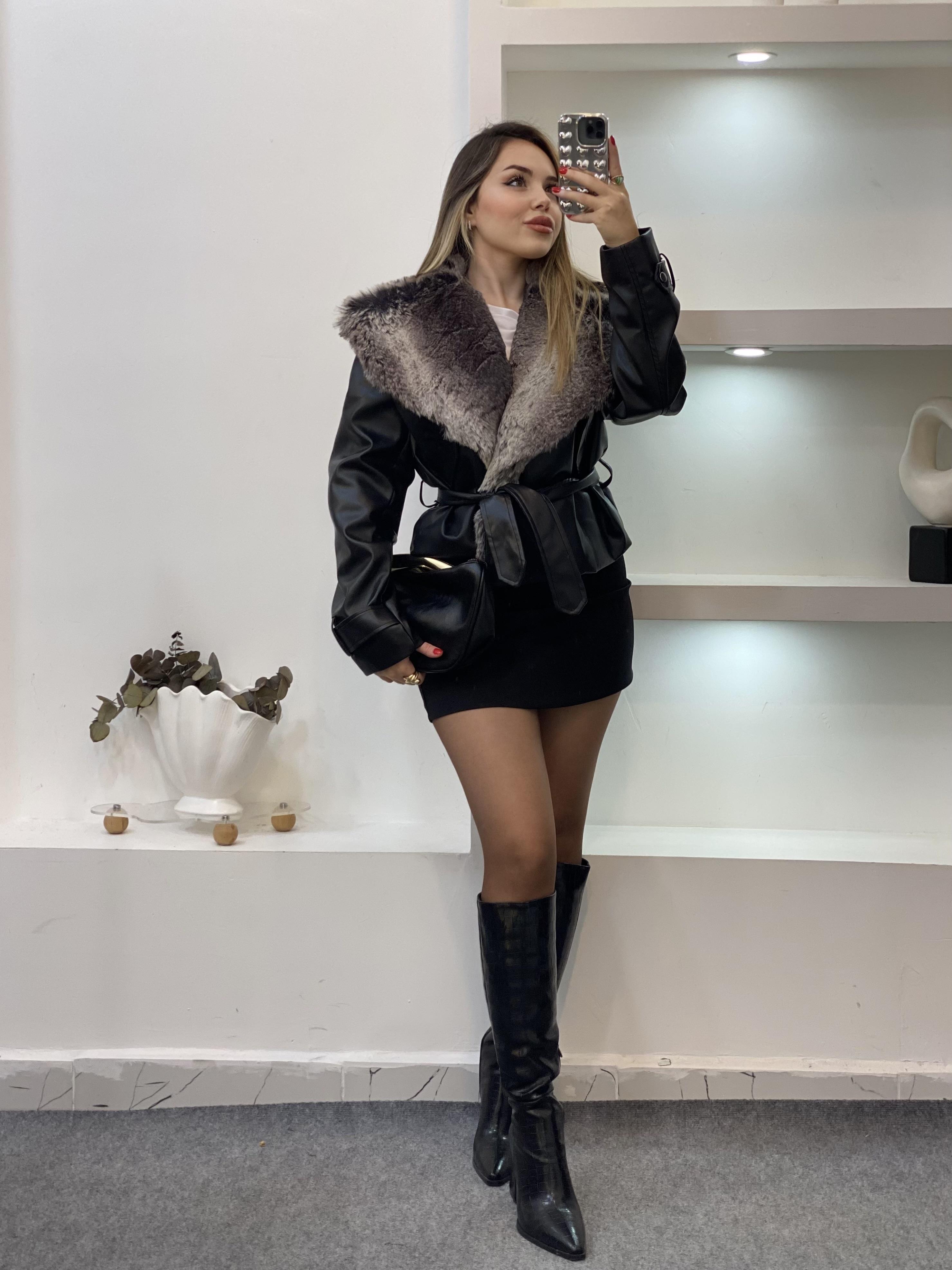 Siyah Premium Kürk Yaka Deri Ceket