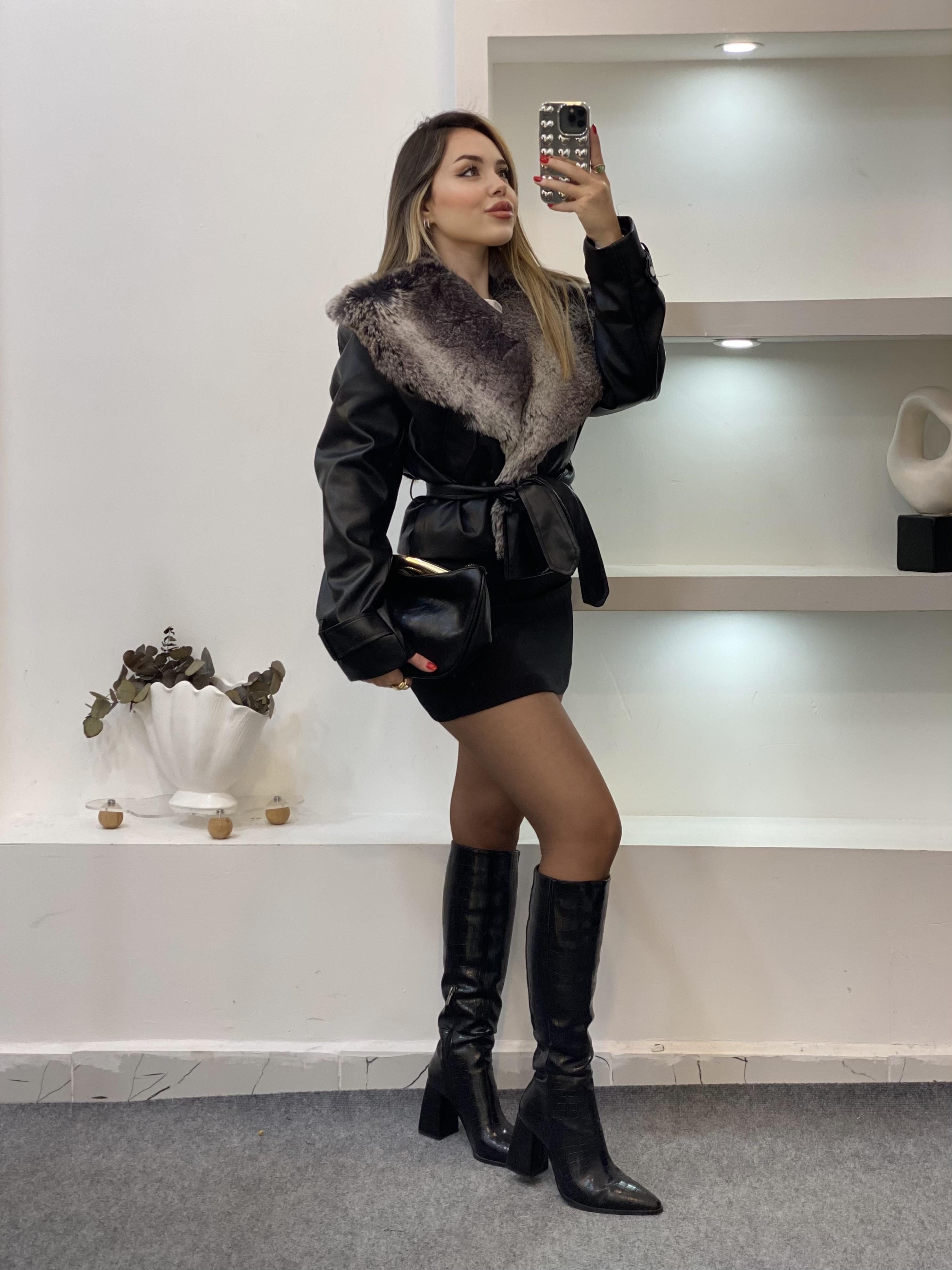 Siyah Premium Kürk Yaka Deri Ceket