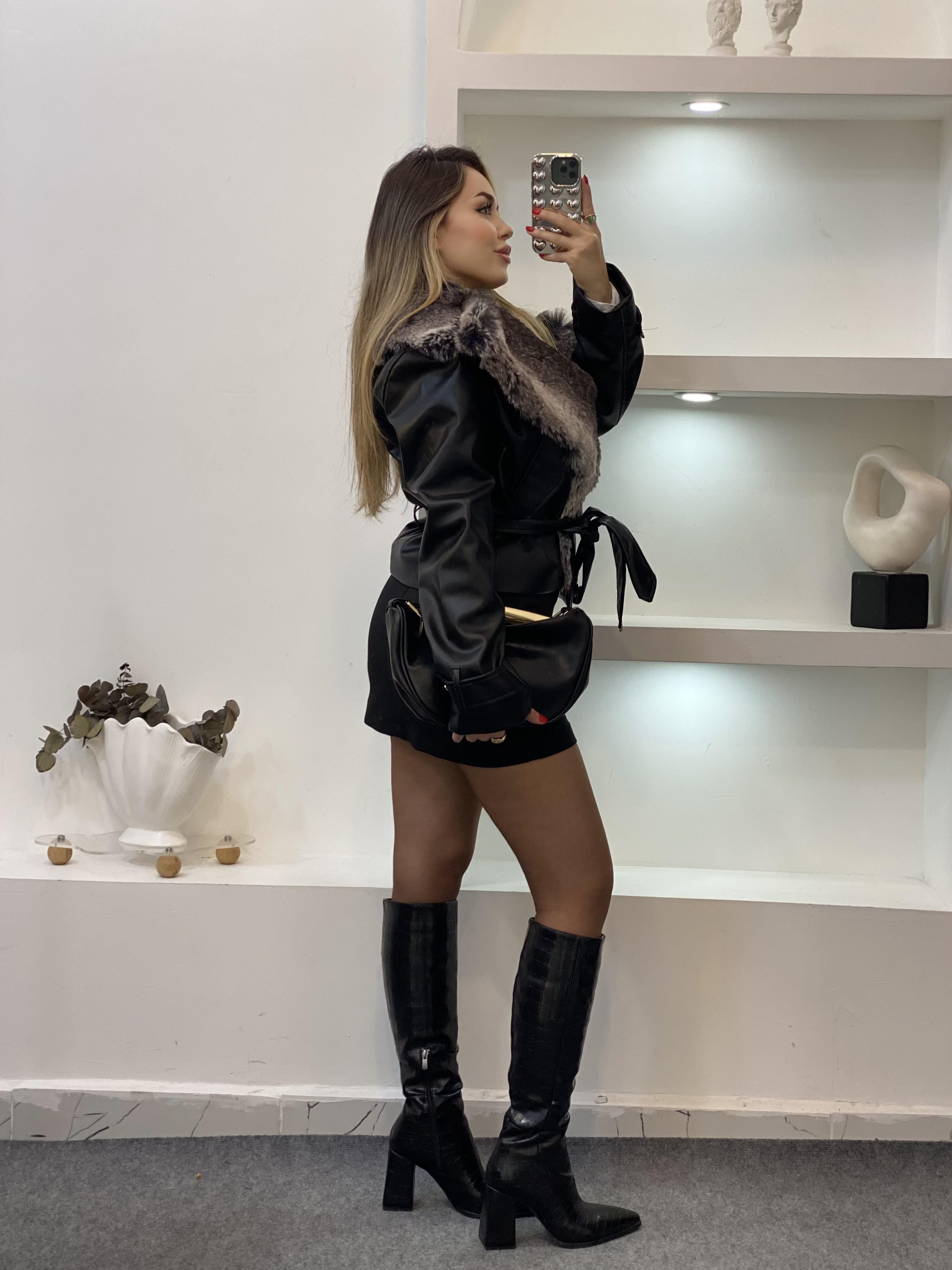 Siyah Premium Kürk Yaka Deri Ceket