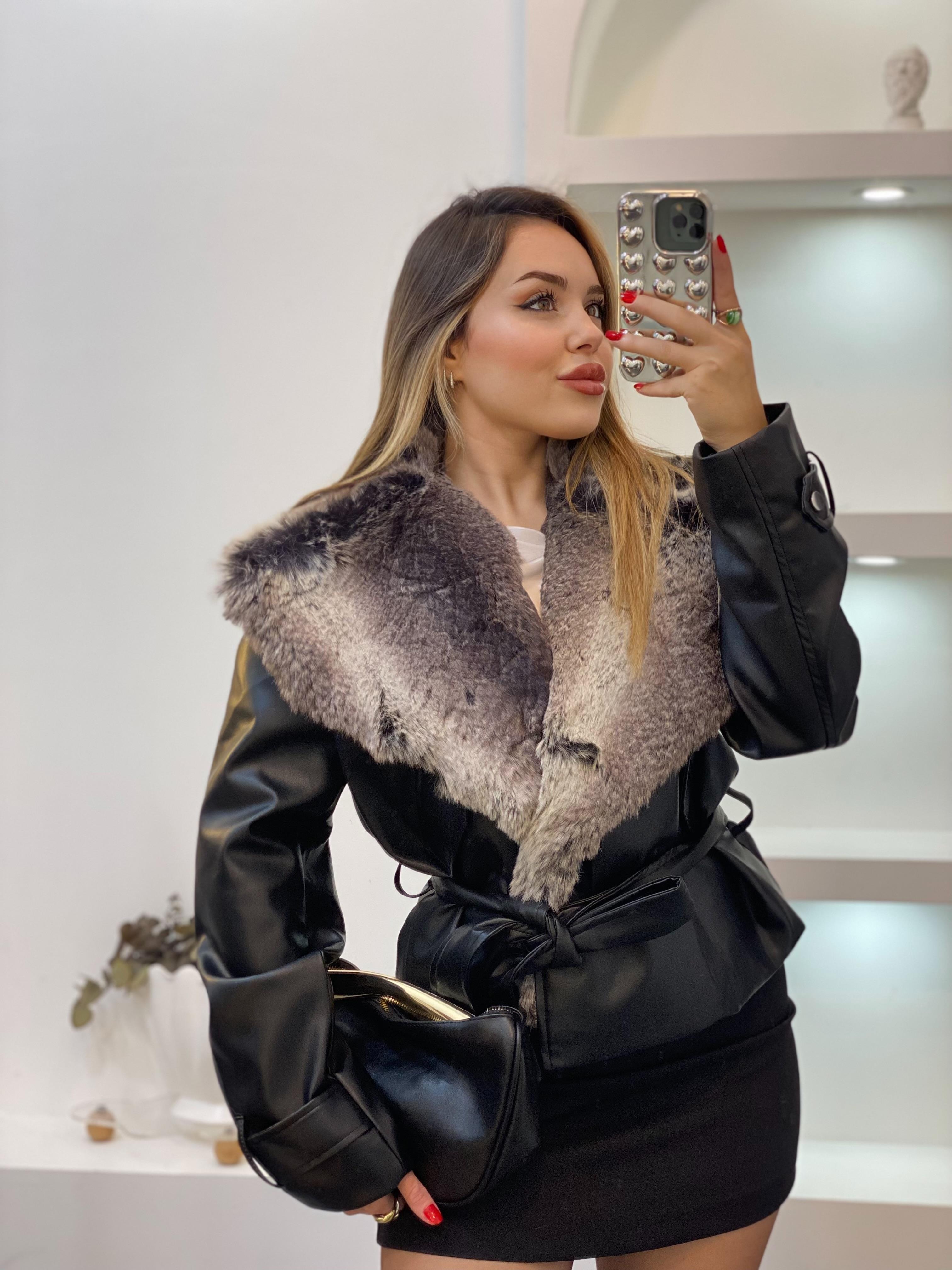 Siyah Premium Kürk Yaka Deri Ceket