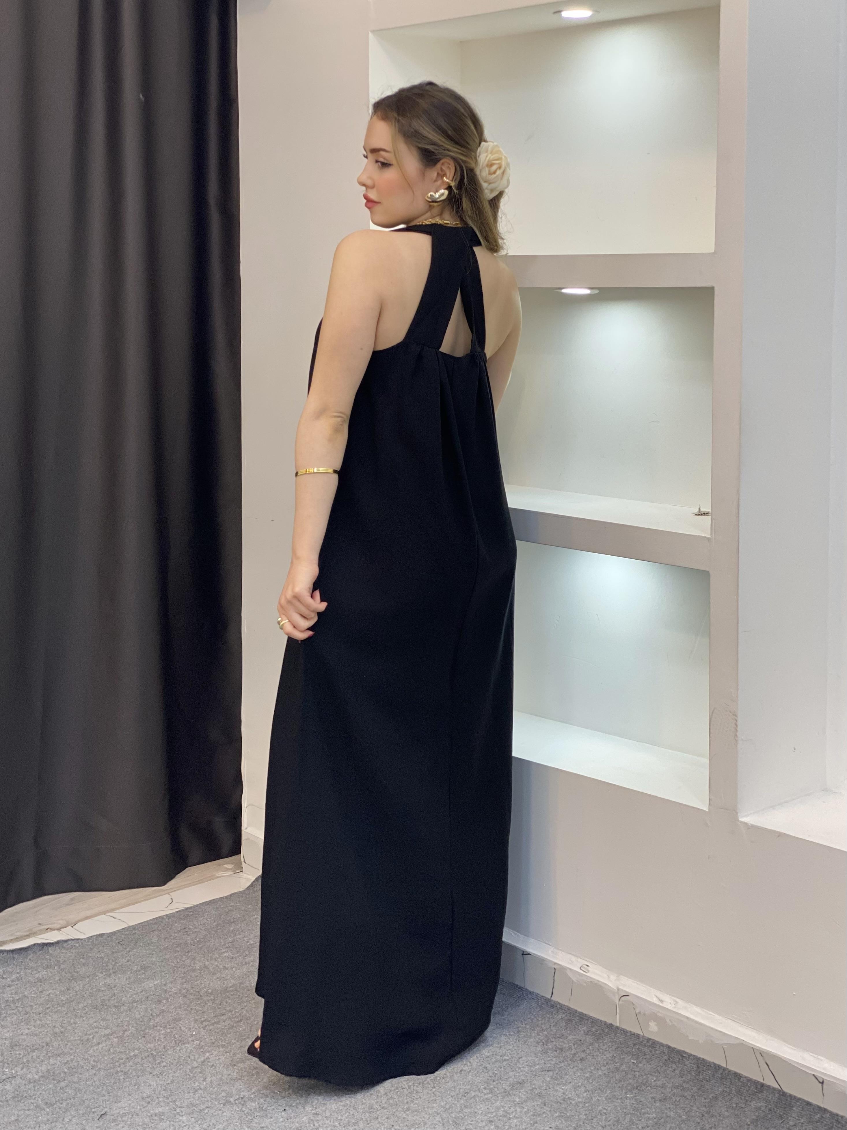 Siyah V Yaka Keten Elbise