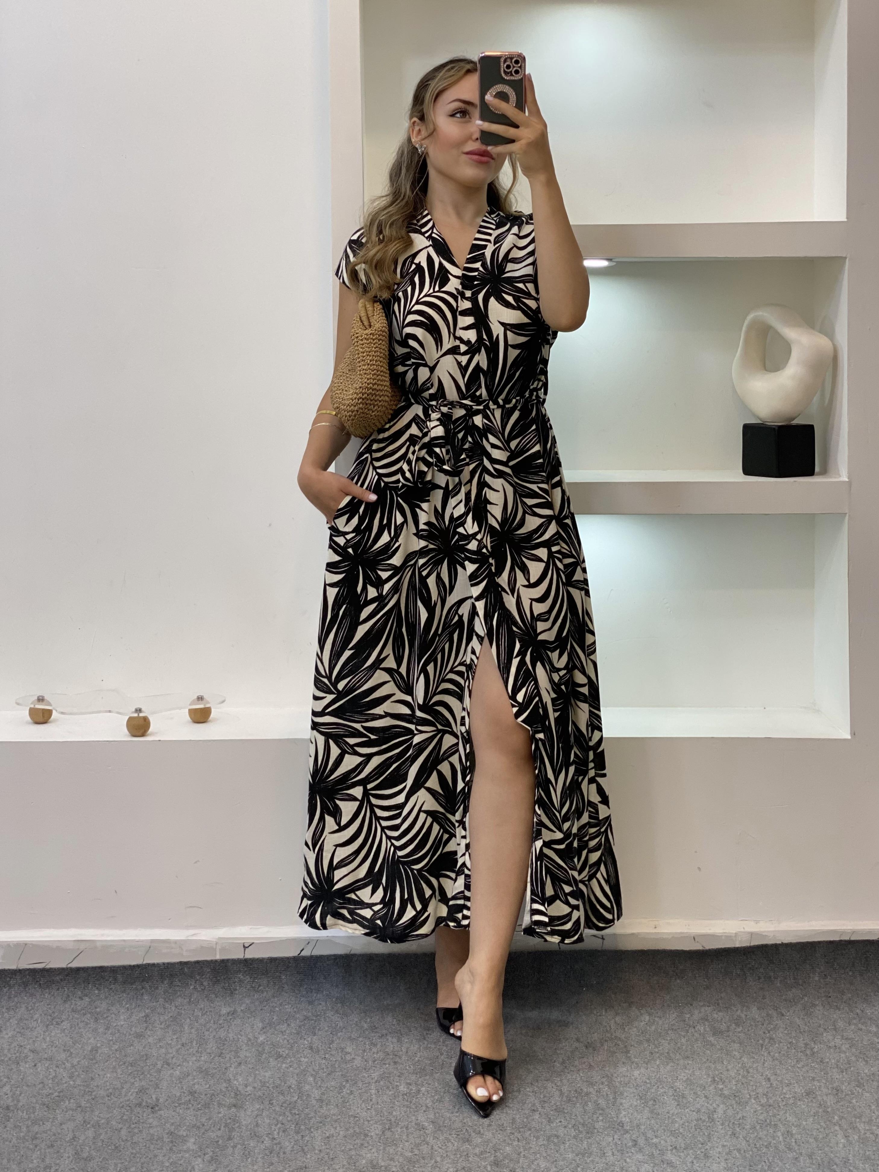 Siyah Yaprak Desenli Pamuk Keten Elbise