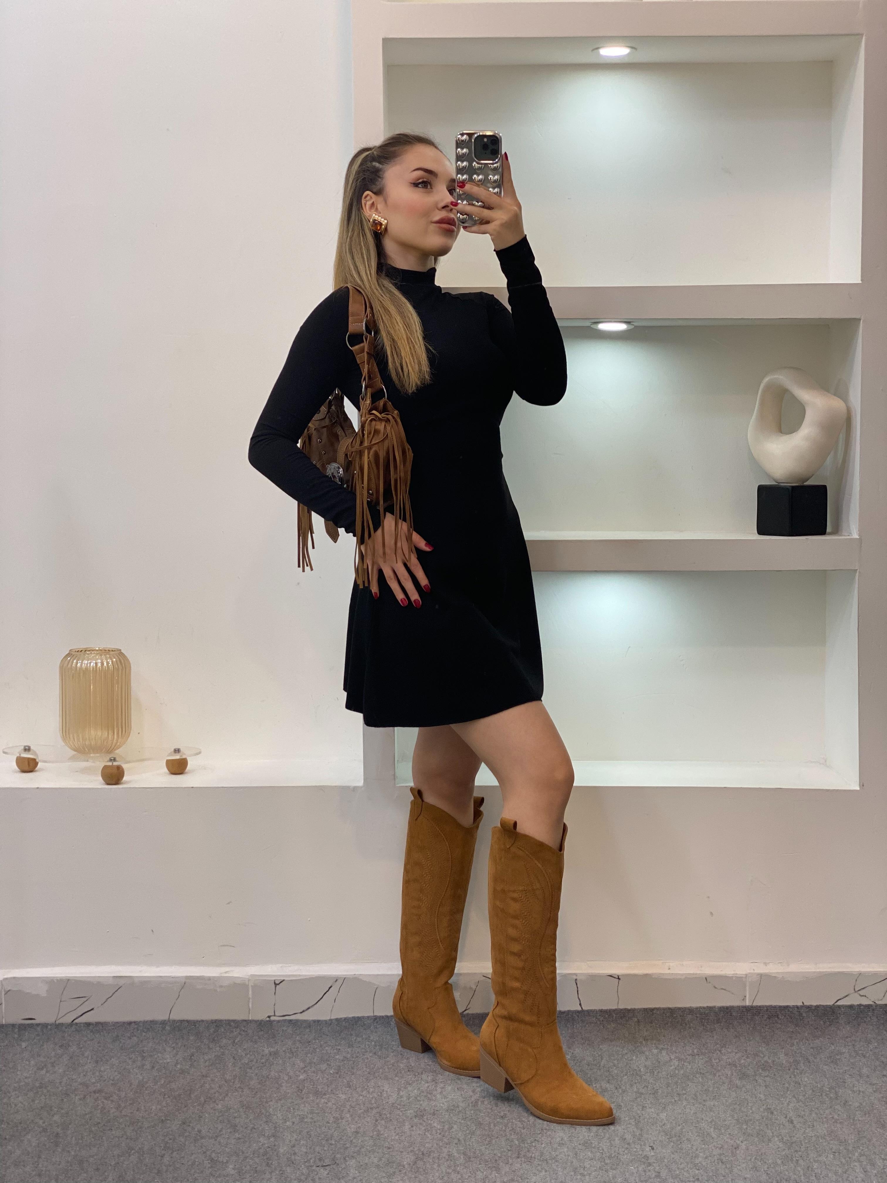 Siyah Yarım Boğazlı Modal Elbise