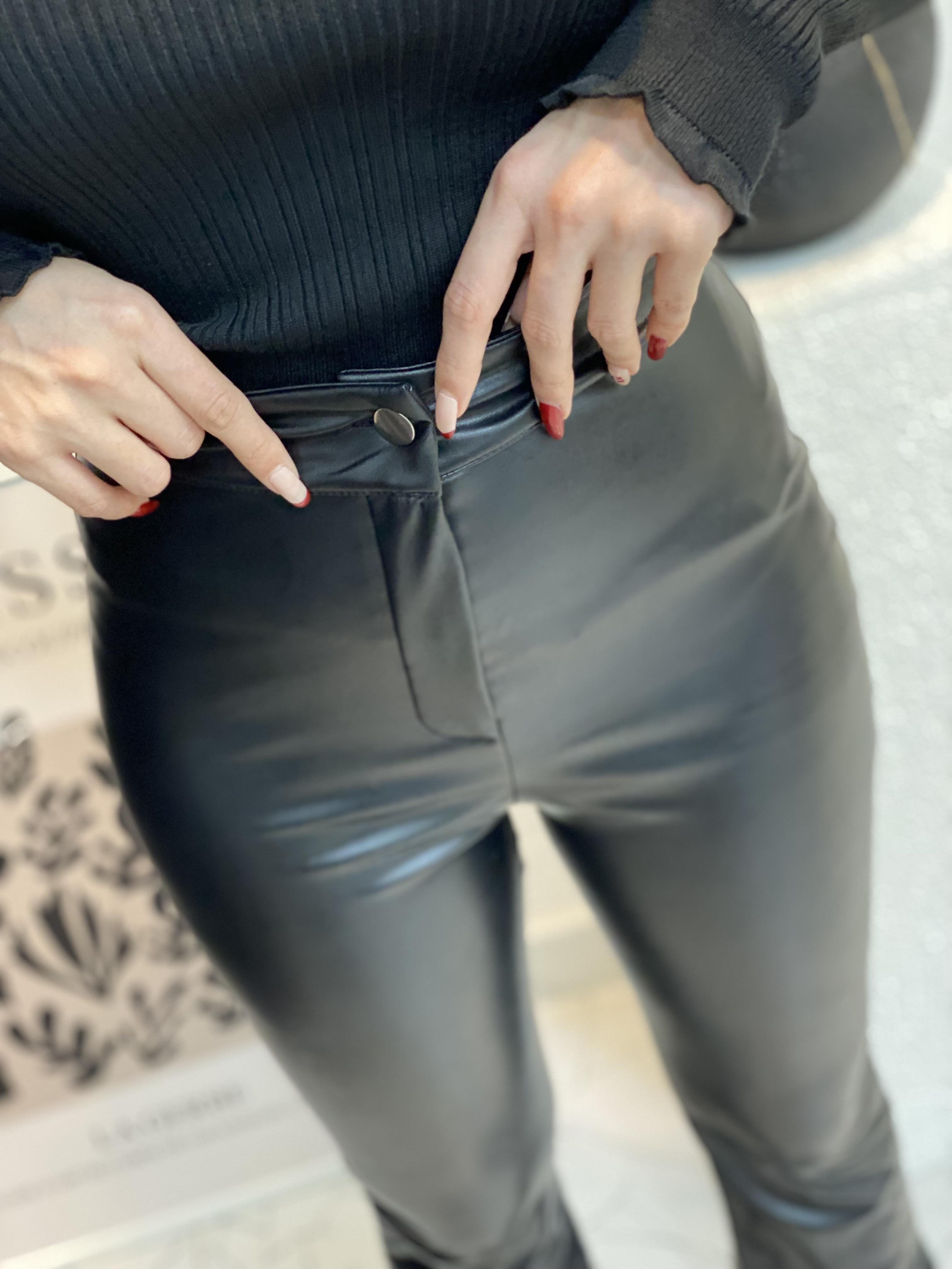 Siyah Yüksek Bel Deri Pantolon 