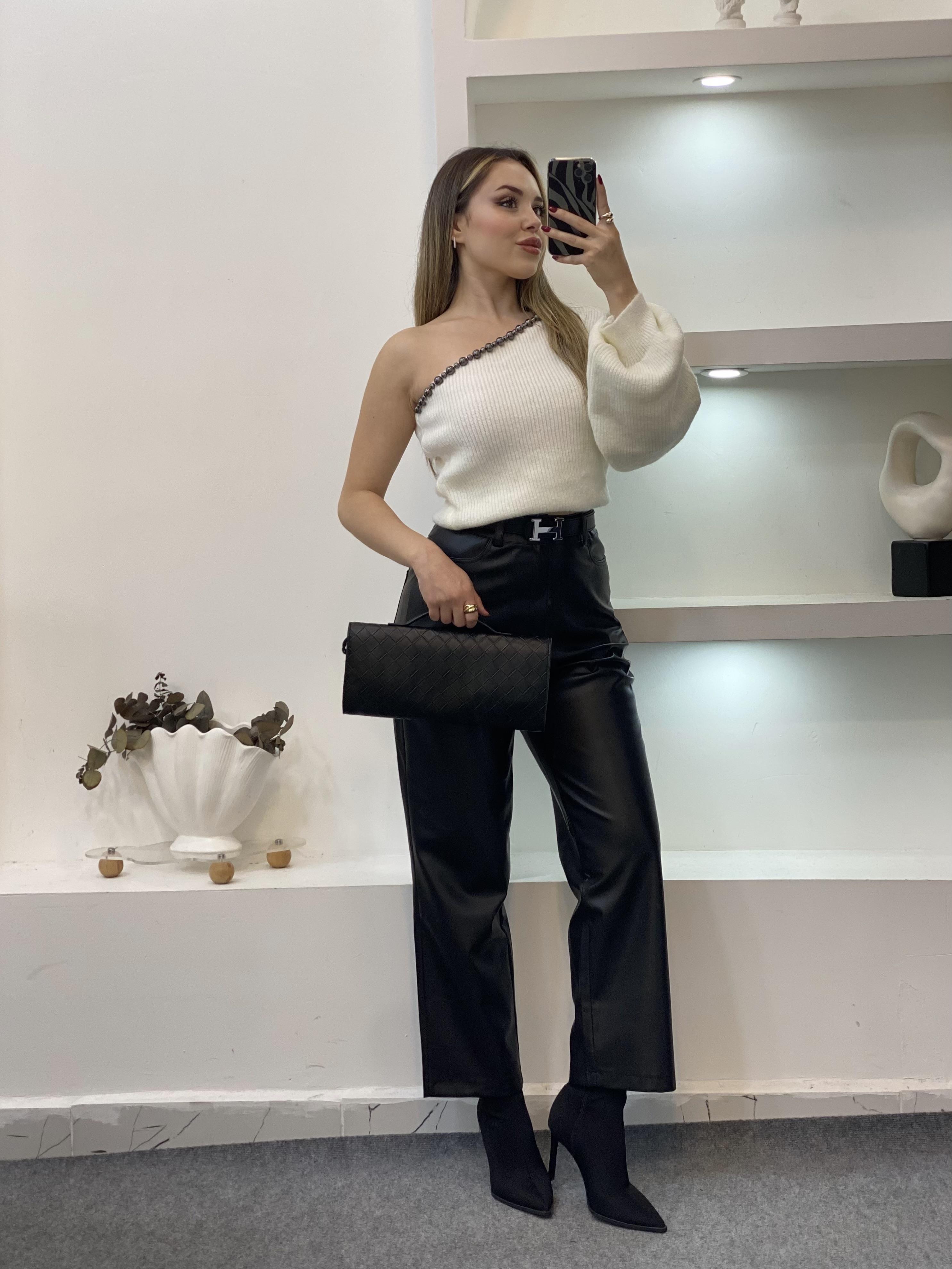 Siyah Yüksek Bel Deri Pantolon 