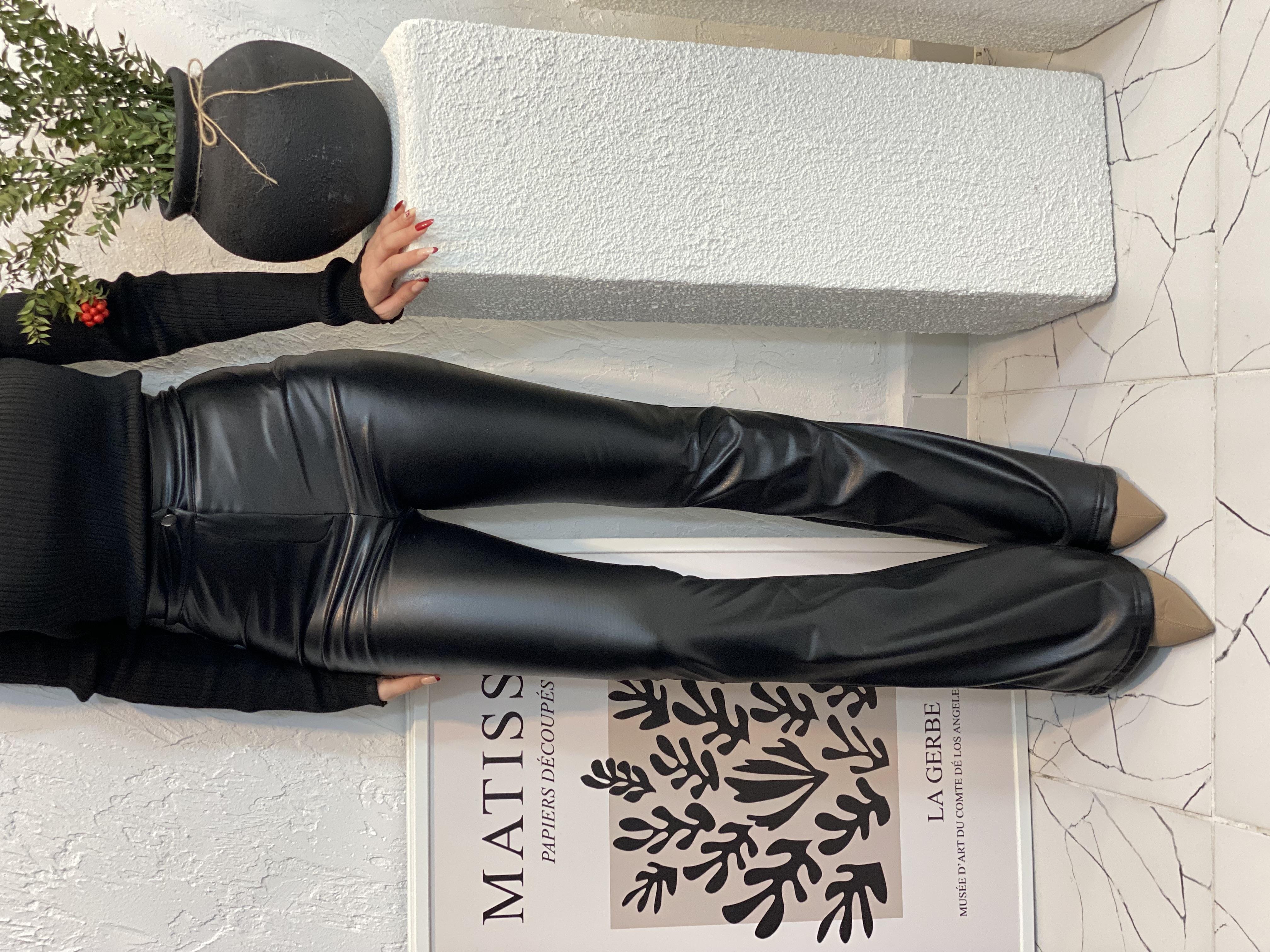 Siyah Yüksek Bel Deri Pantolon 