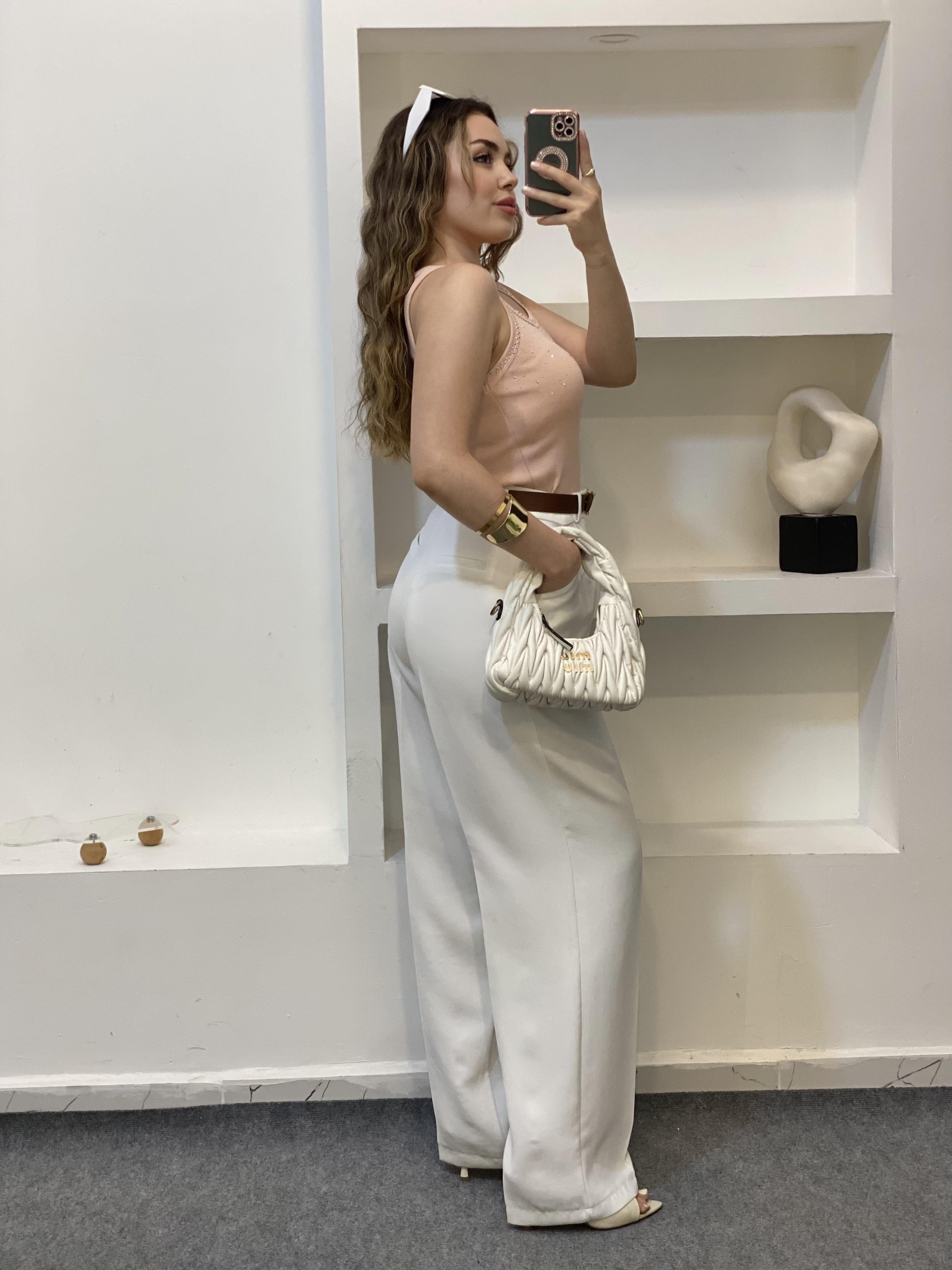 Somon Önü Parıltılı Taşlı Kalın Askılı Triko Bluz