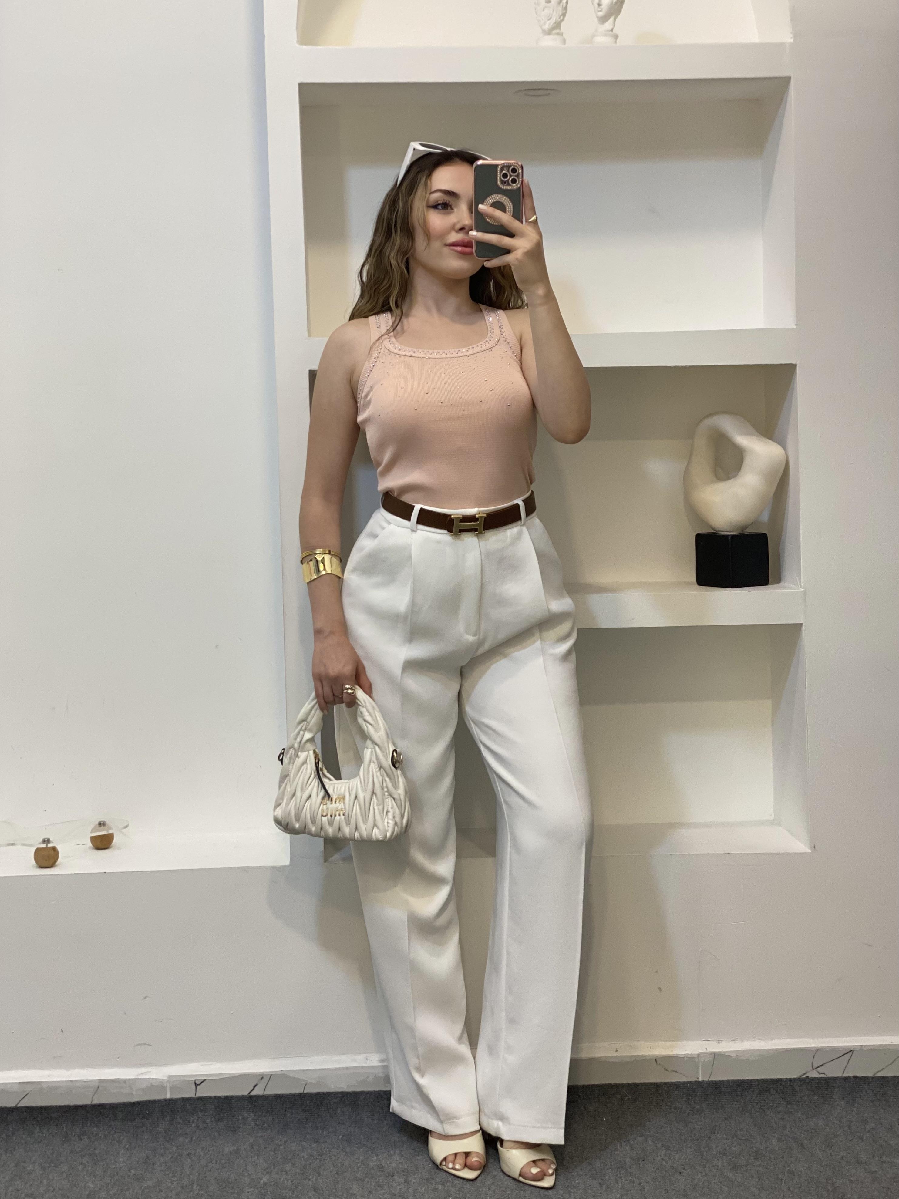 Somon Önü Parıltılı Taşlı Kalın Askılı Triko Bluz